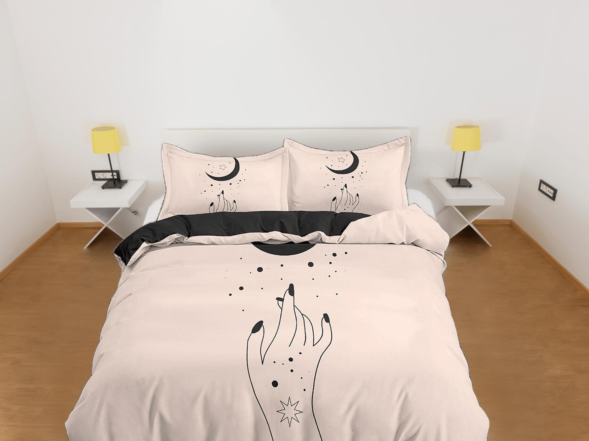 daintyduvet Gothic Beige Bedding, Witchy Dorm Bedding, Celestial Duvet Cover Black Crescent Moon Aesthetic Boho Duvet King Queen Full Twin Single