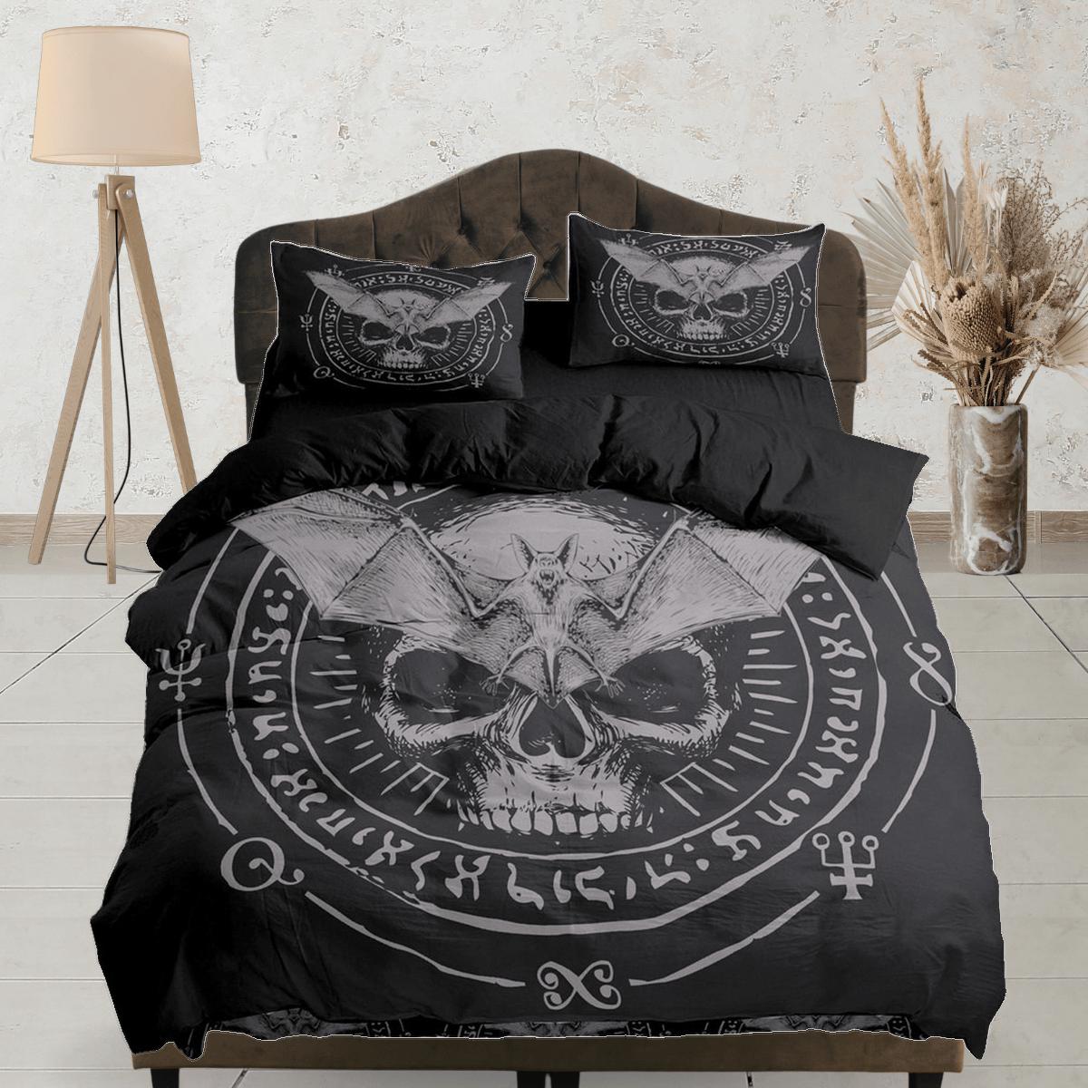 daintyduvet Gothic skull and bat halloween full size bedding & pillowcase, black duvet cover set dorm bedding, nursery toddler bedding, halloween gift