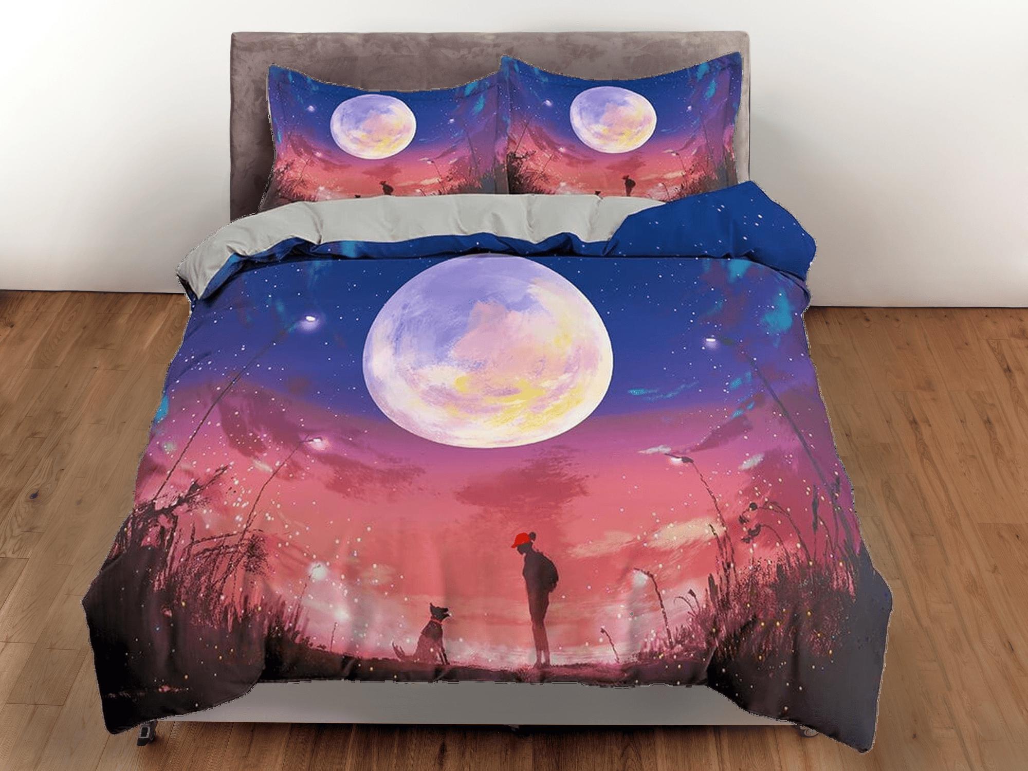 daintyduvet Gradient sky full moon duvet cover set galaxy bedding, space bedding set full, duvet cover king, queen, dorm bedding, toddler bedding