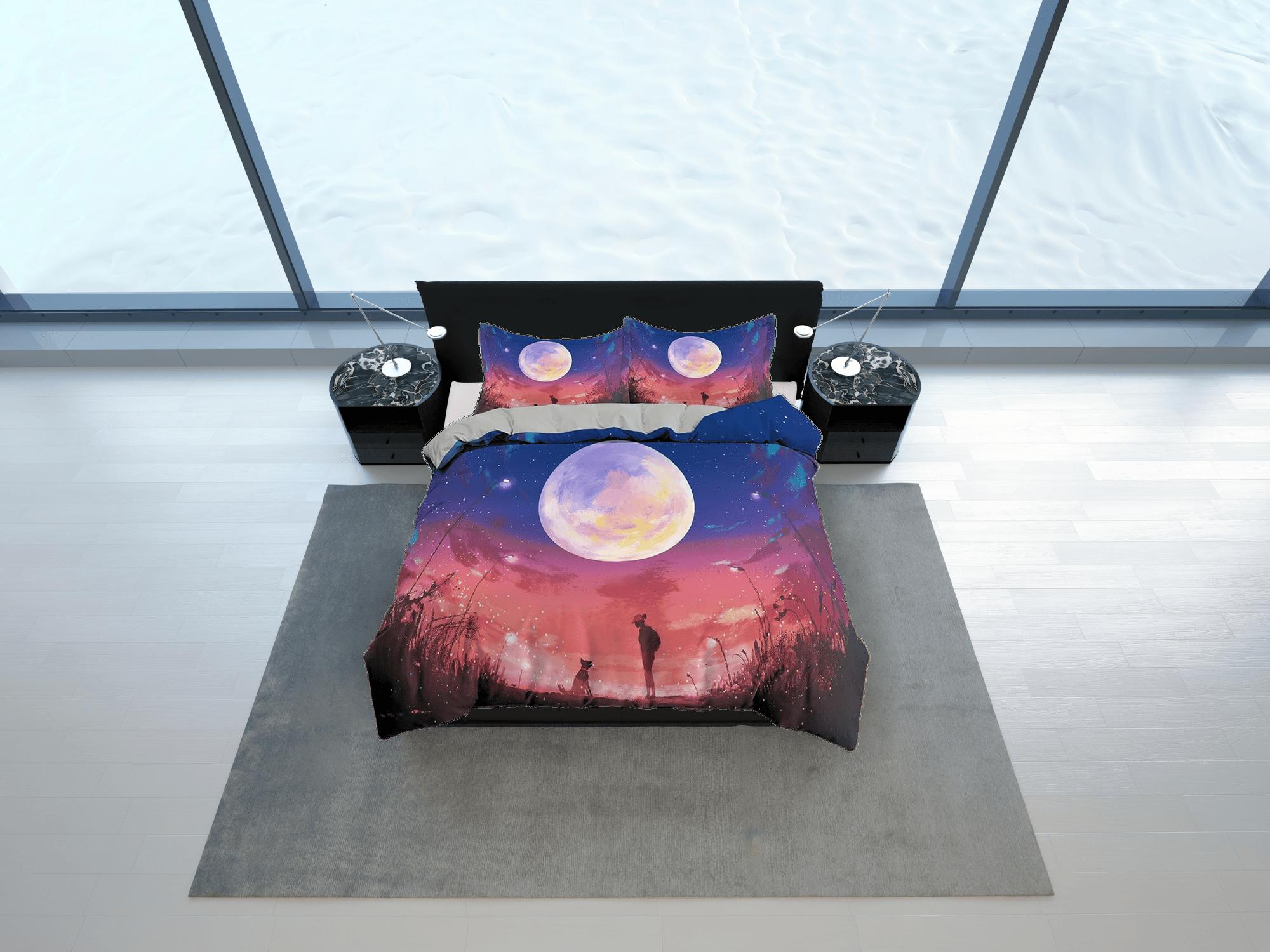 daintyduvet Gradient sky full moon duvet cover set galaxy bedding, space bedding set full, duvet cover king, queen, dorm bedding, toddler bedding