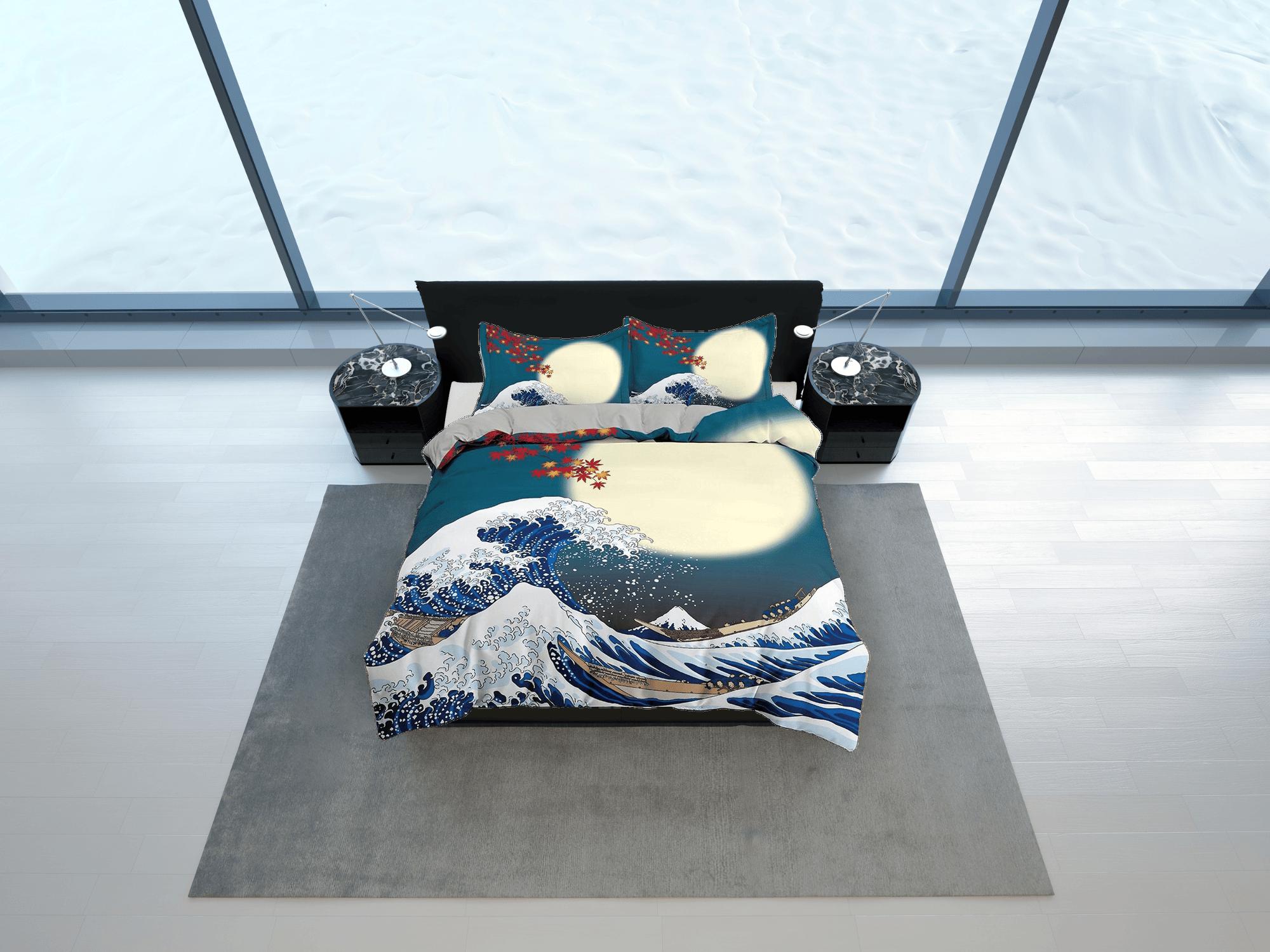 daintyduvet Great Wave Bedding, Japanese Bedding, Autumn Oriental Design Bed Coverlet, Aesthetic Blue Duvet Cover King Queen Full Twin Double Single