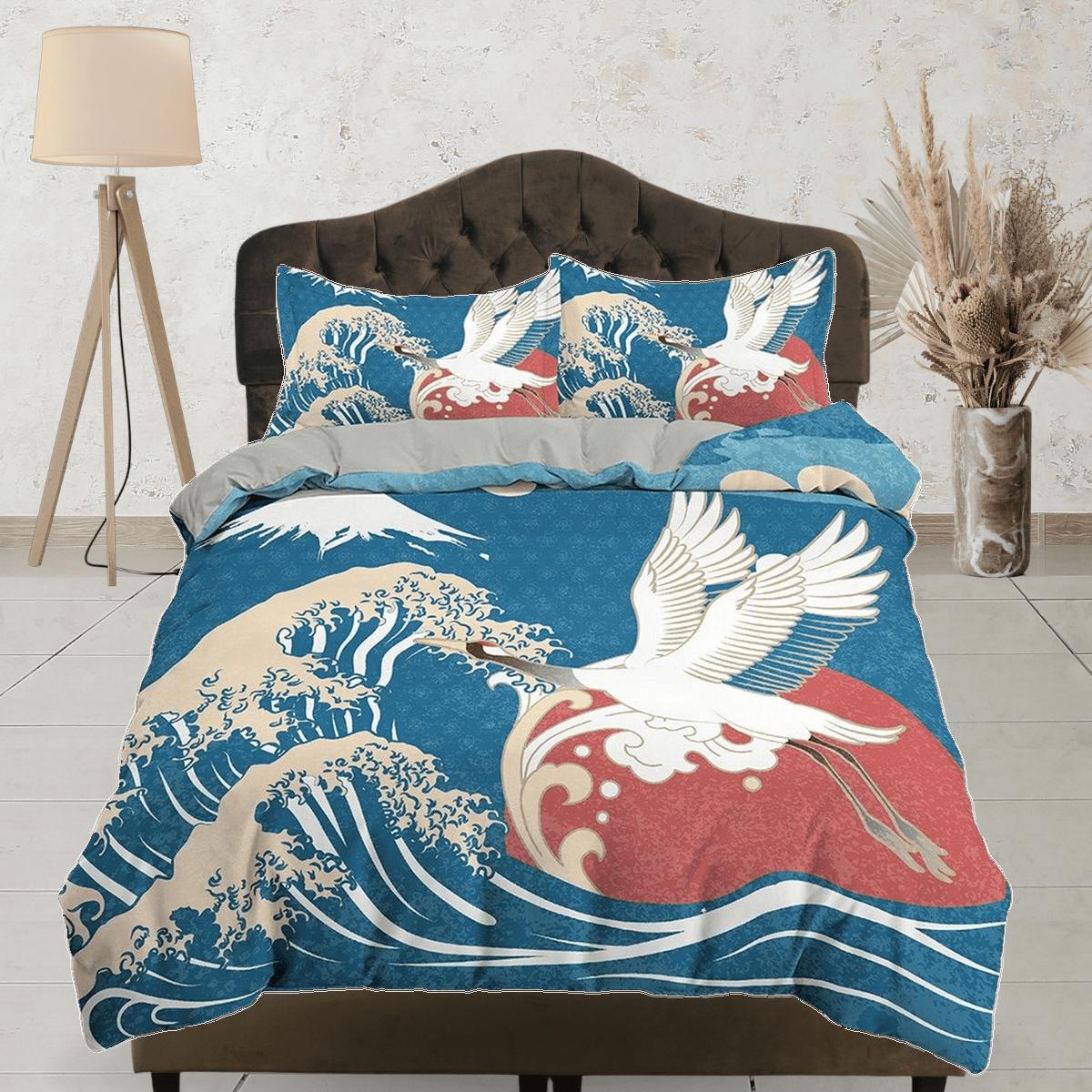 daintyduvet Great Wave Bedding, Japanese Bedding, Crane Bird Oriental Design Bed Coverlet, Aesthetic Blue Duvet Cover King Queen Full Twin Double Single