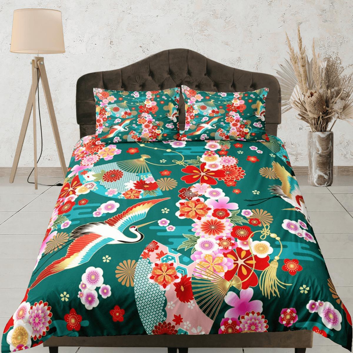daintyduvet Green Bedding Japanese Crane Floral Duvet Cover Set Colorful Bedspread, Dorm Bedding with Pillowcase,