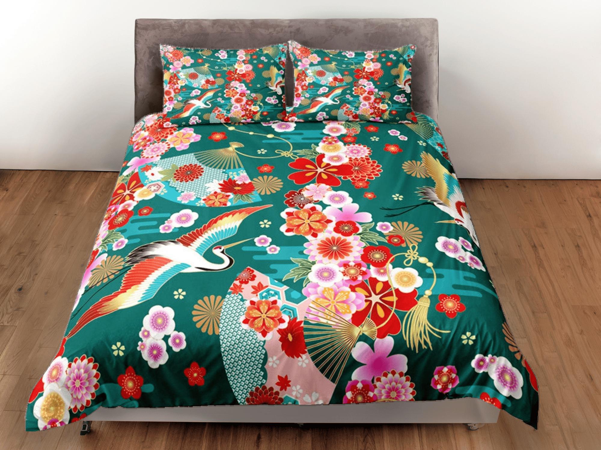 daintyduvet Green Bedding Japanese Crane Floral Duvet Cover Set Colorful Bedspread, Dorm Bedding with Pillowcase,