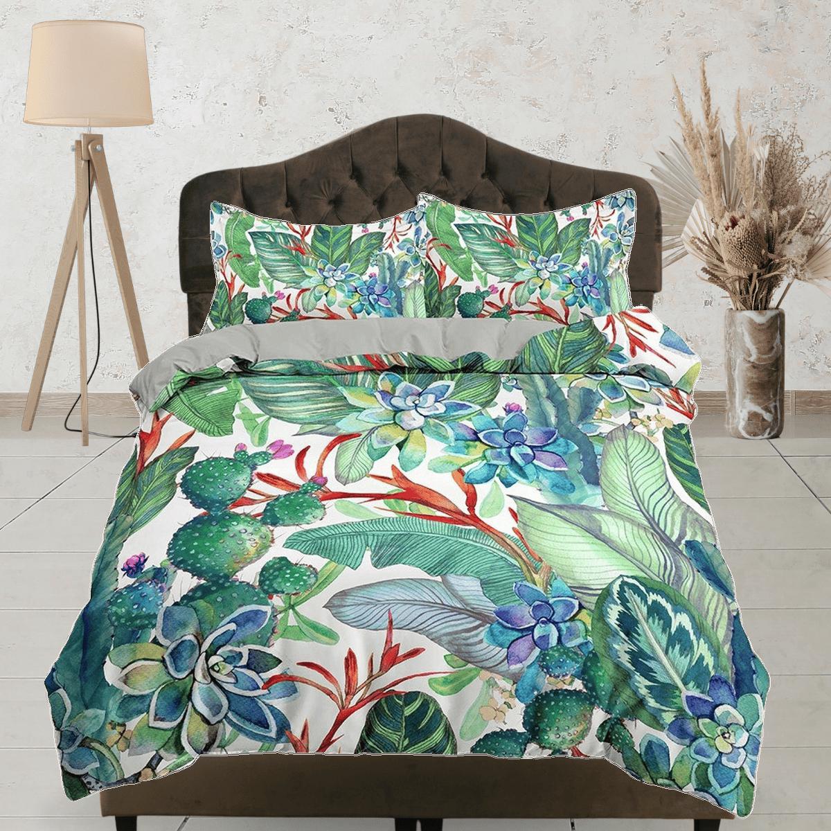 daintyduvet Green bedding succulents duvet cover queen, king, boho duvet, designer bedding, aesthetic bedding, maximalist full size bedding