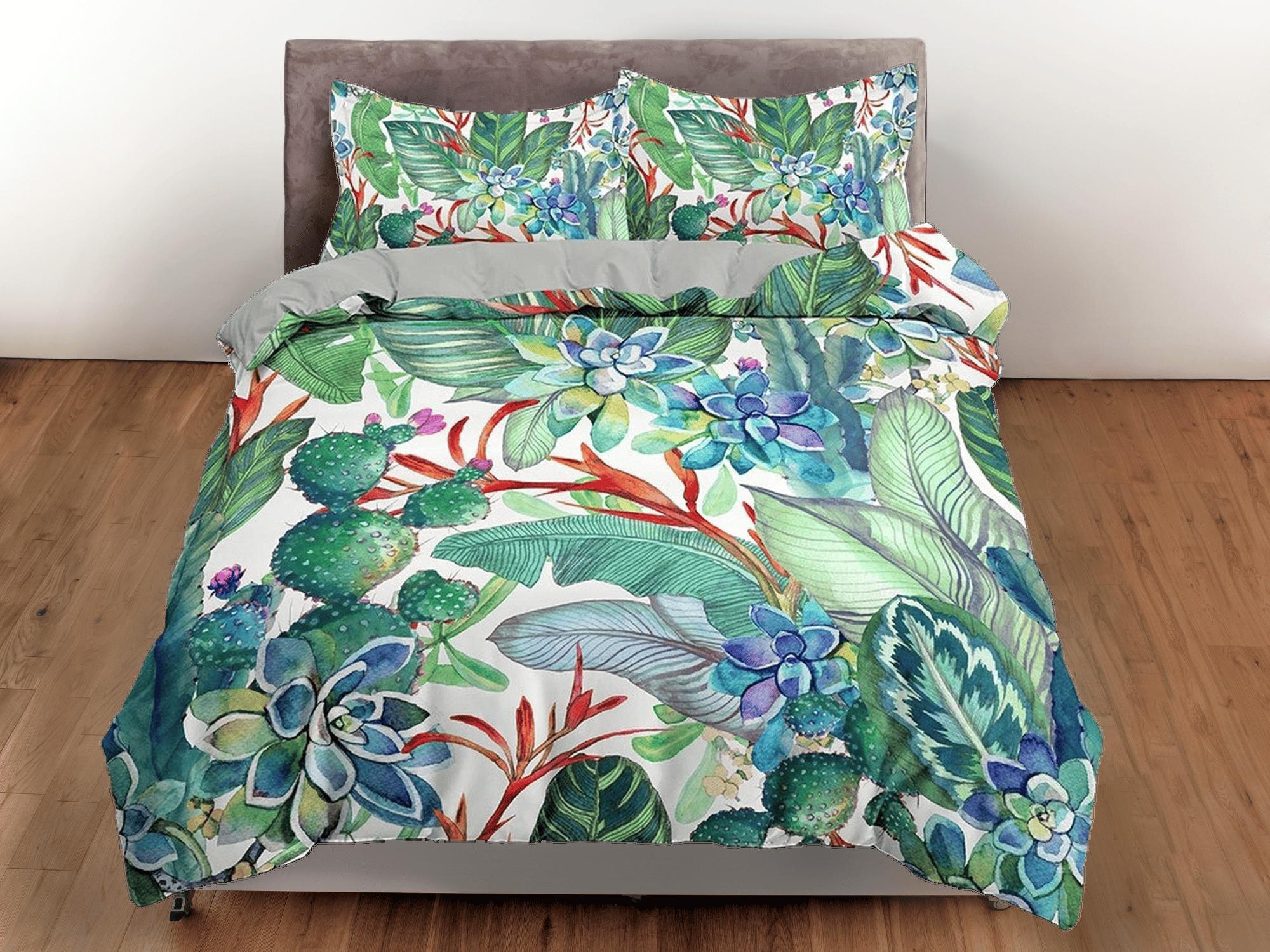 daintyduvet Green bedding succulents duvet cover queen, king, boho duvet, designer bedding, aesthetic bedding, maximalist full size bedding