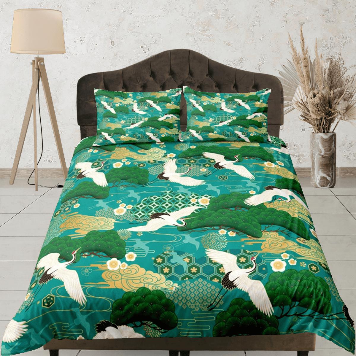 daintyduvet Green Duvet Cover Set Japanese Crane Bird Bedspread, Dorm Bedding with Pillowcase
