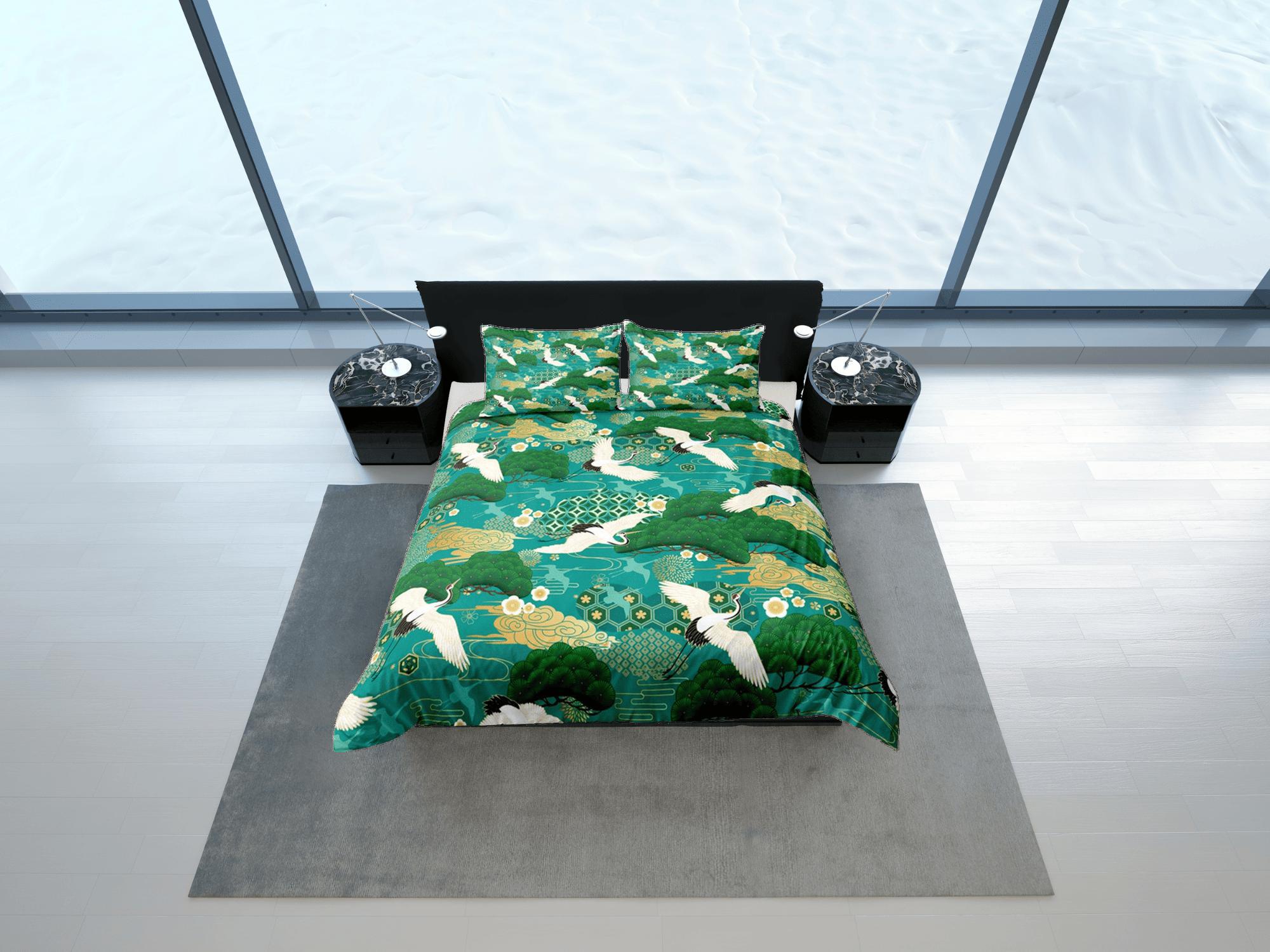 daintyduvet Green Duvet Cover Set Japanese Crane Bird Bedspread, Dorm Bedding with Pillowcase