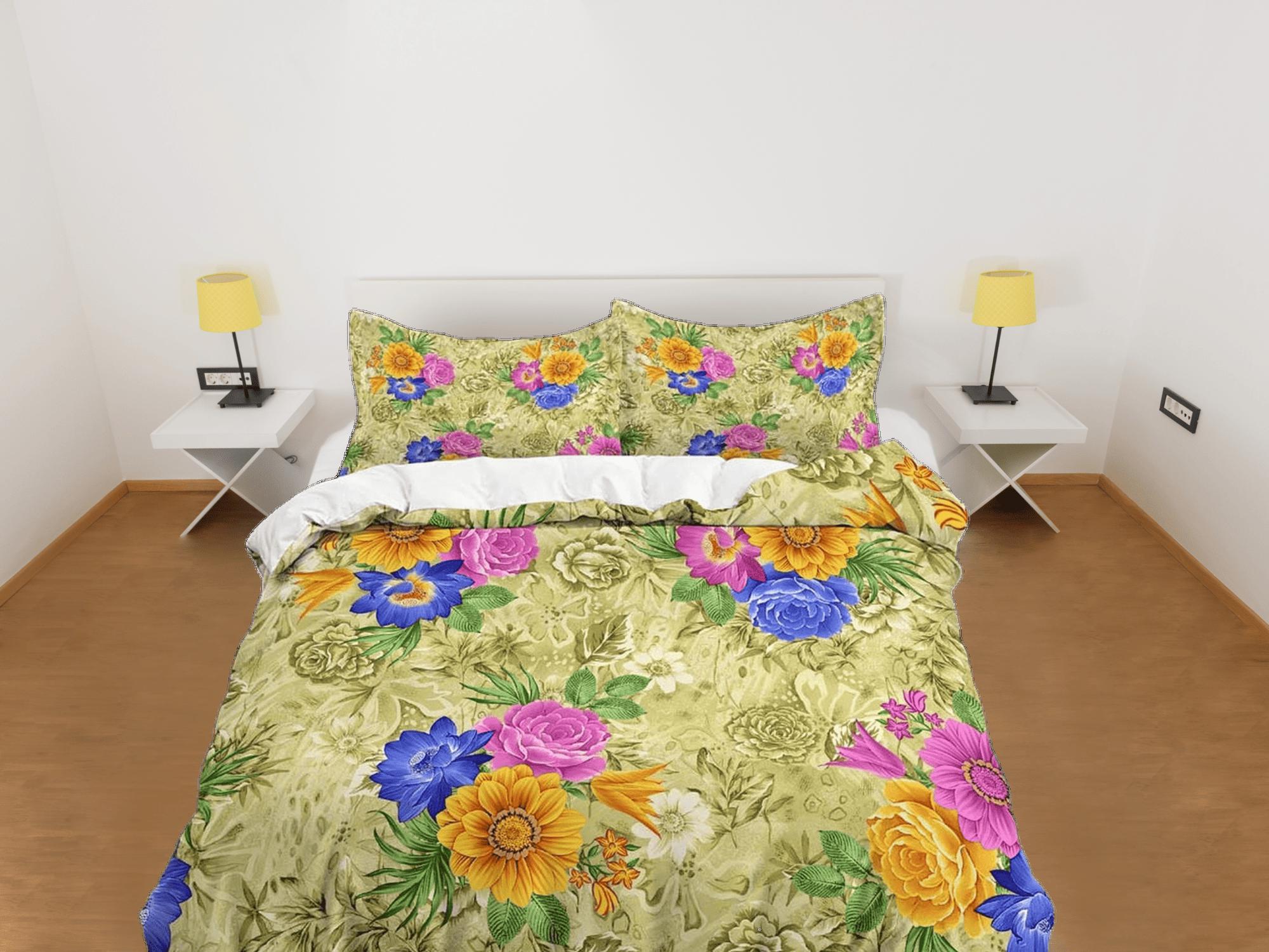 daintyduvet Green floral duvet cover shabby chic bedding colorful flowers, teen girl bedroom, baby girl crib bedding boho maximalist bedspread aesthetic