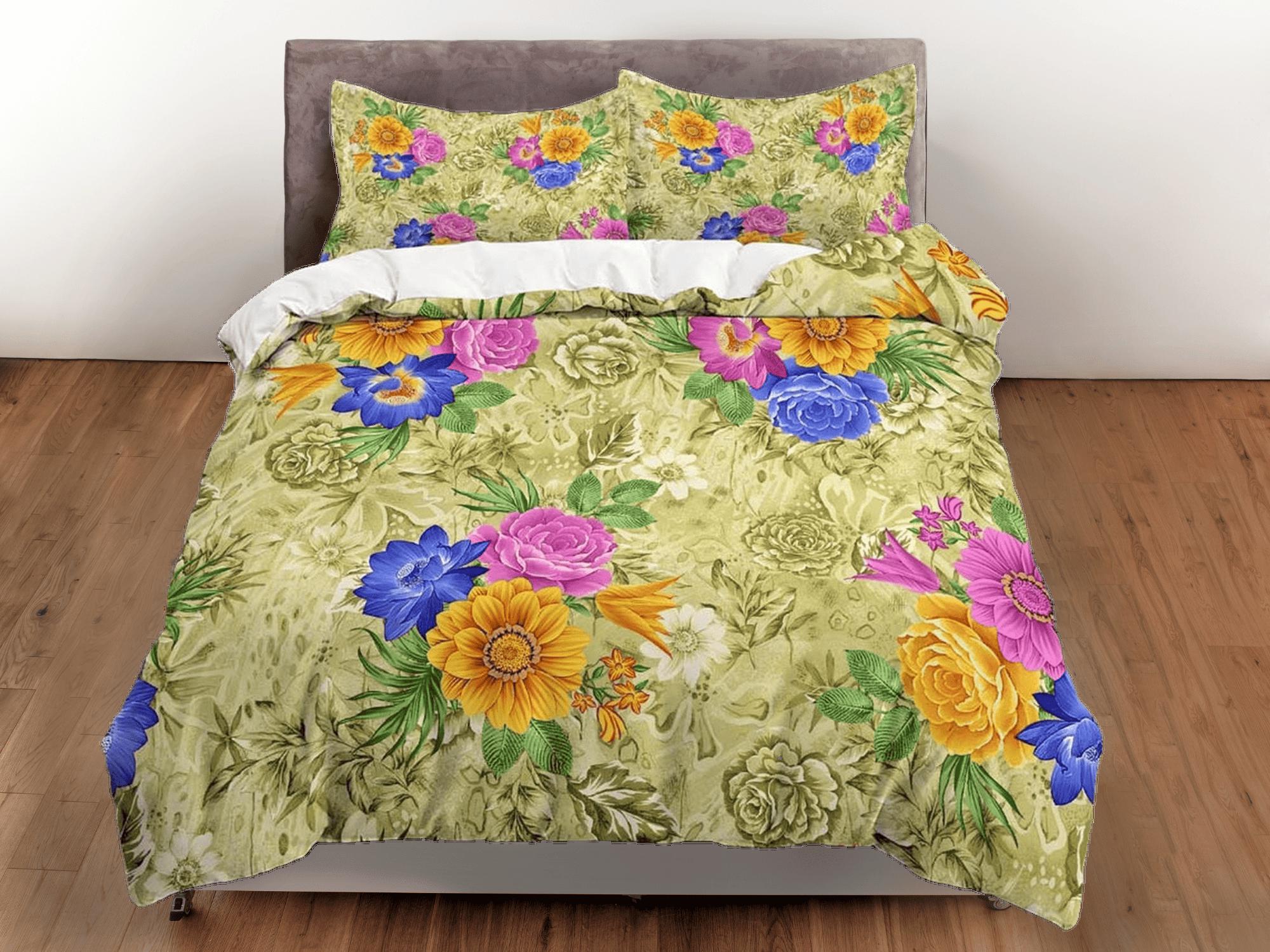 daintyduvet Green floral duvet cover shabby chic bedding colorful flowers, teen girl bedroom, baby girl crib bedding boho maximalist bedspread aesthetic
