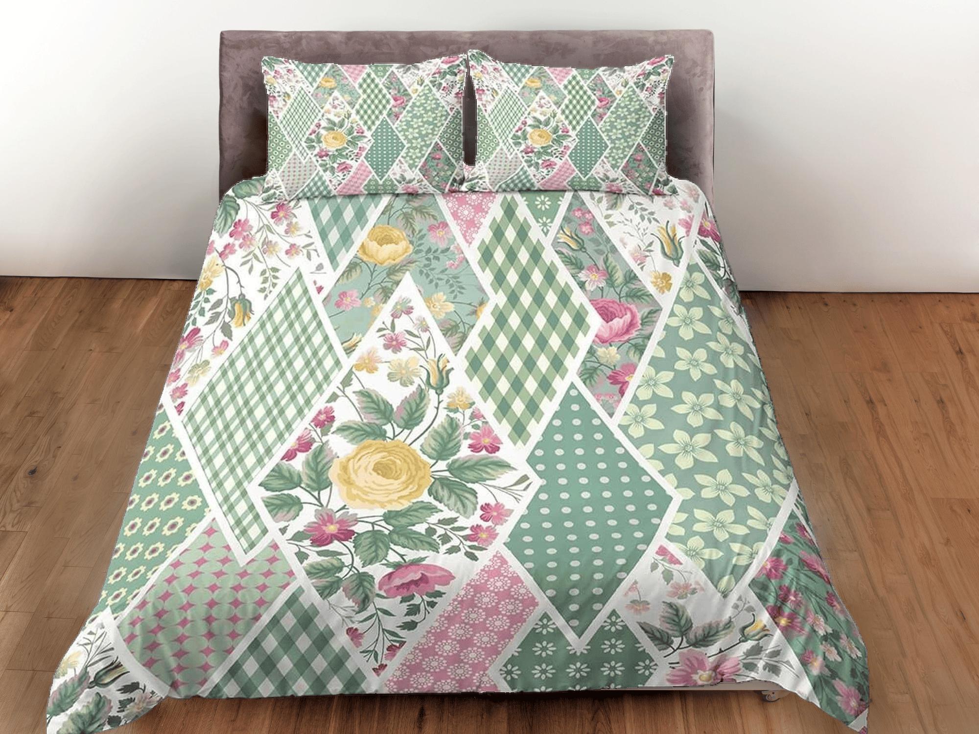 daintyduvet Green floral patchwork quilt printed duvet cover set, aesthetic room decor bedding set full, king, queen size, boho bedspread shabby chic
