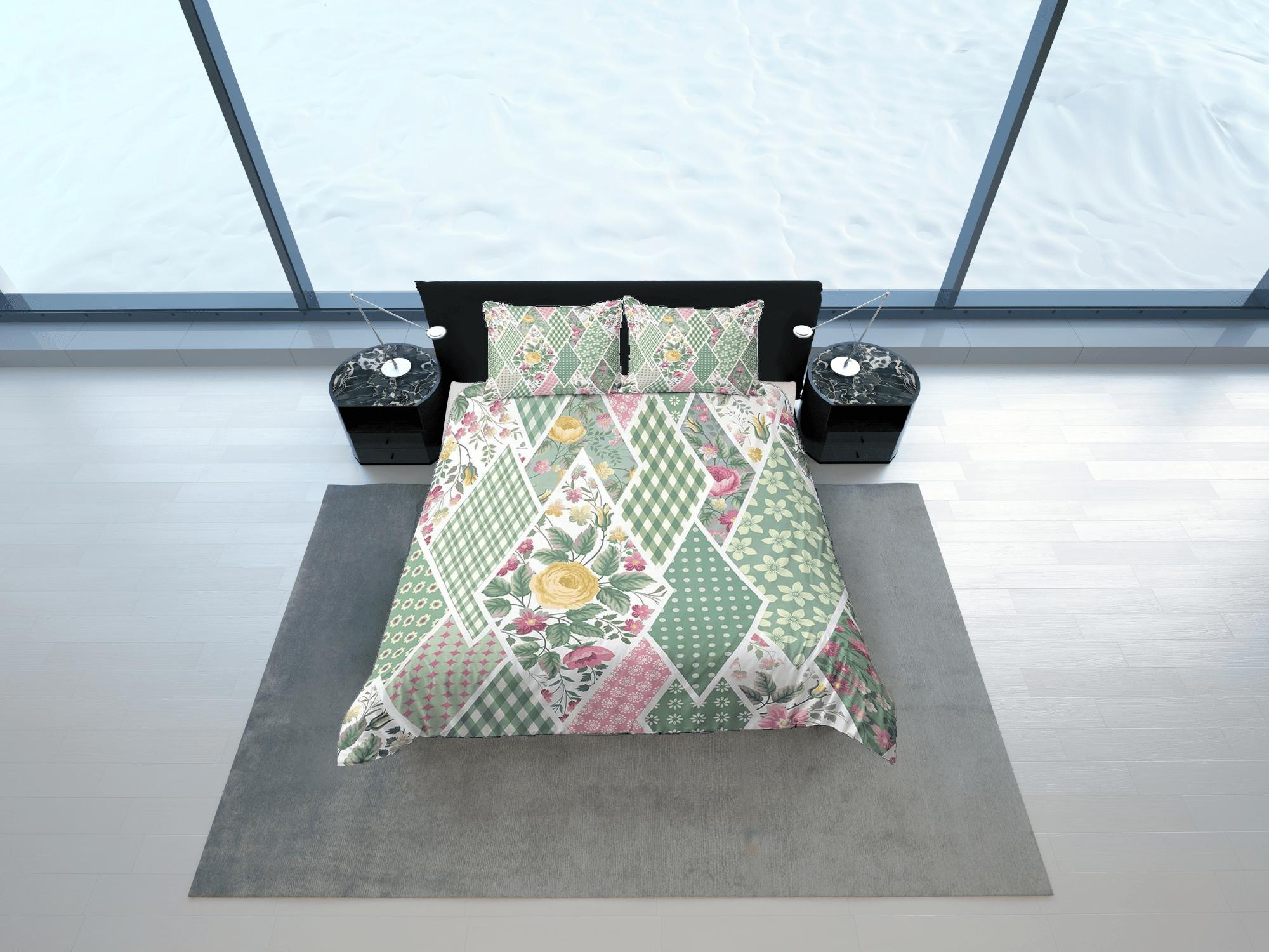 daintyduvet Green floral patchwork quilt printed duvet cover set, aesthetic room decor bedding set full, king, queen size, boho bedspread shabby chic