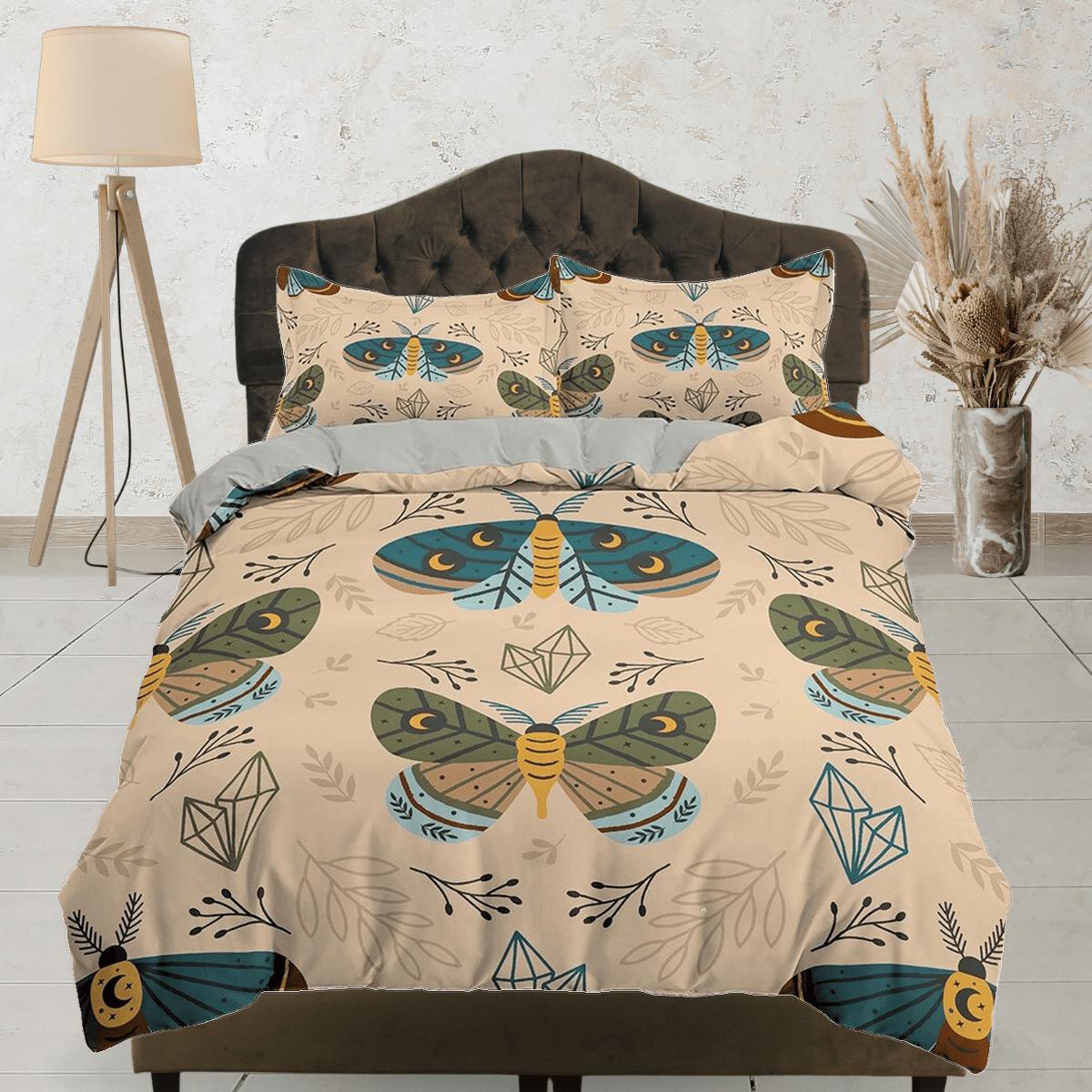 daintyduvet Green Luna Moth Boho Beige Bedding, Crystal Bohemian, Dorm Bedding, Duvet Cover Set, Aesthetic Duvet Cover King Queen Full Twin Single