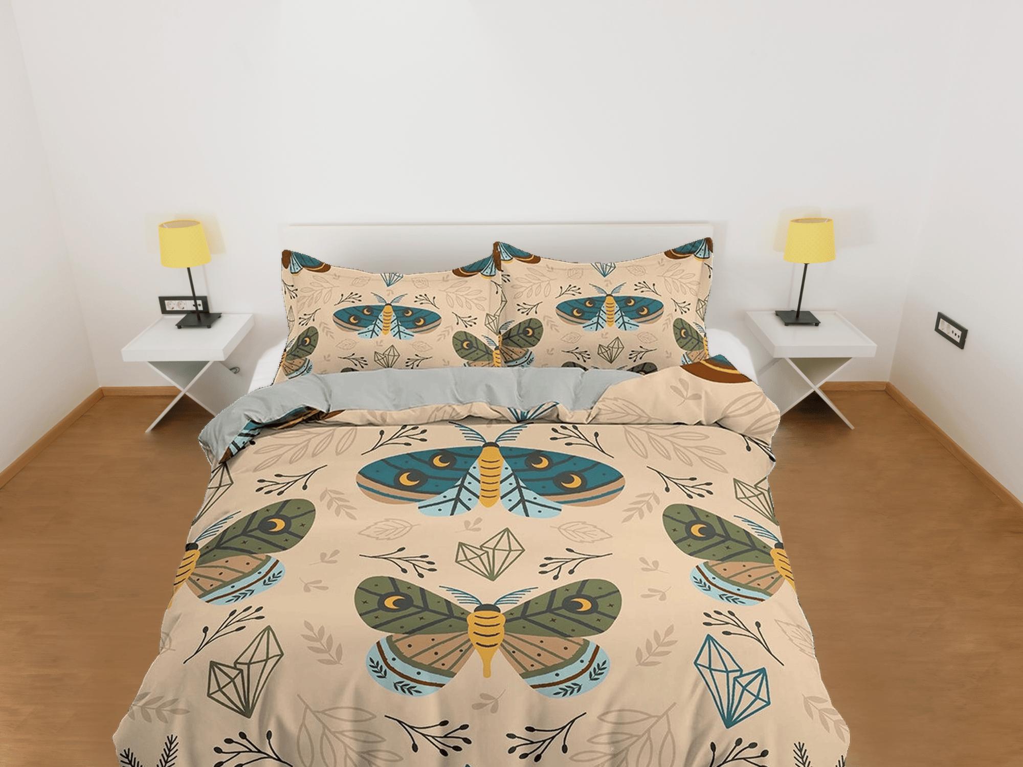 daintyduvet Green Luna Moth Boho Beige Bedding, Crystal Bohemian, Dorm Bedding, Duvet Cover Set, Aesthetic Duvet Cover King Queen Full Twin Single