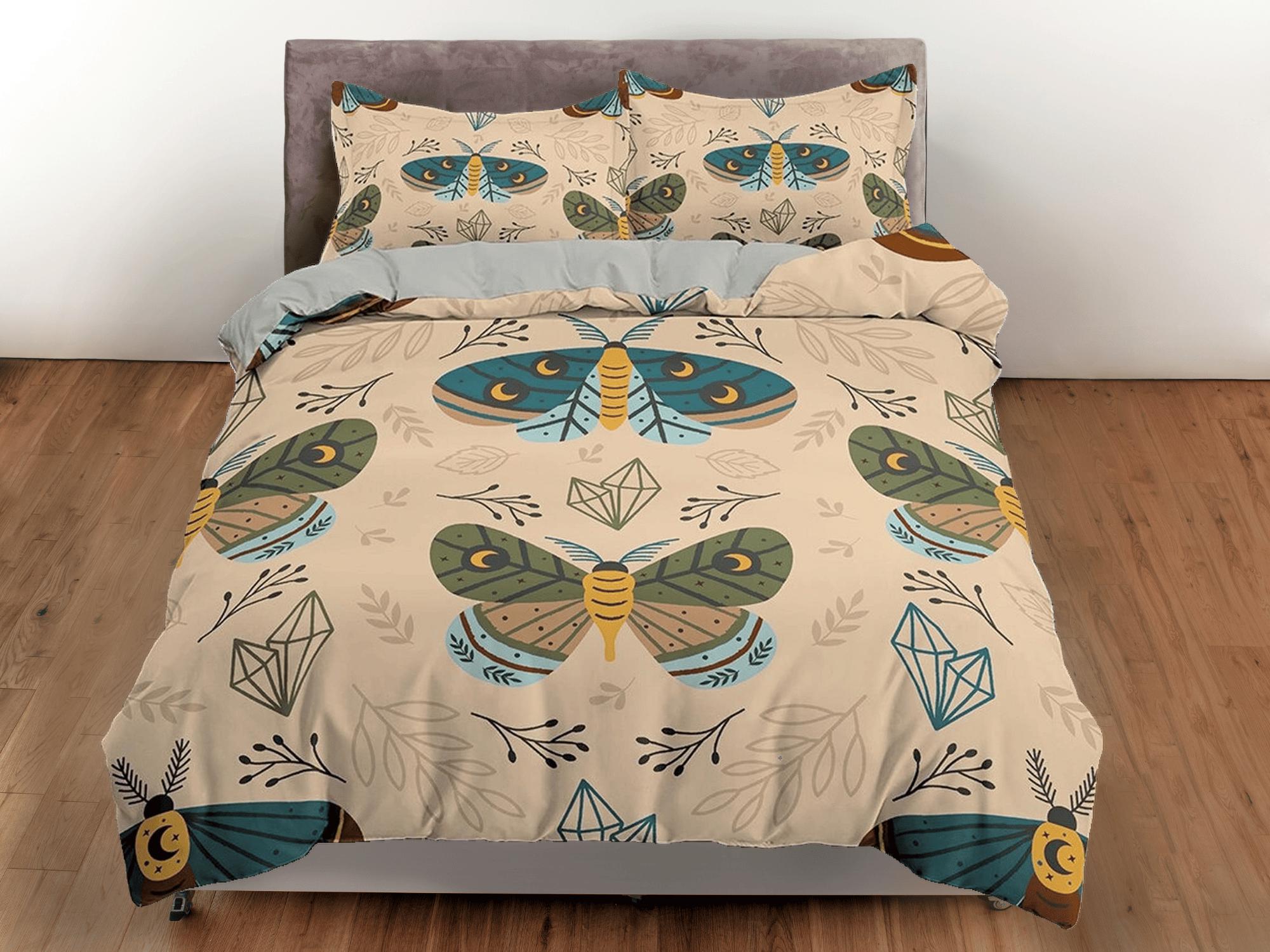 daintyduvet Green Luna Moth Boho Beige Bedding, Crystal Bohemian, Dorm Bedding, Duvet Cover Set, Aesthetic Duvet Cover King Queen Full Twin Single