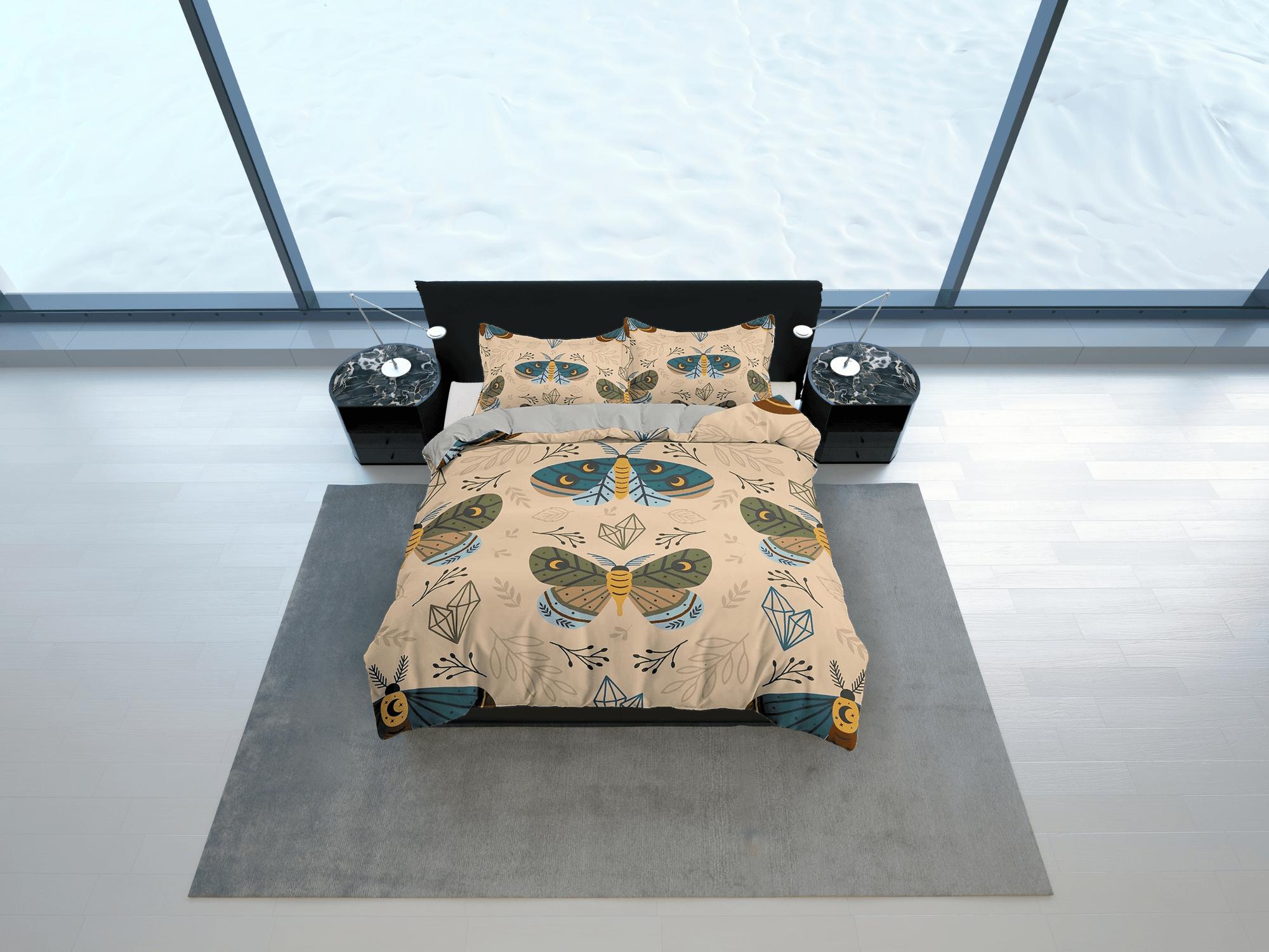 daintyduvet Green Luna Moth Boho Beige Bedding, Crystal Bohemian, Dorm Bedding, Duvet Cover Set, Aesthetic Duvet Cover King Queen Full Twin Single