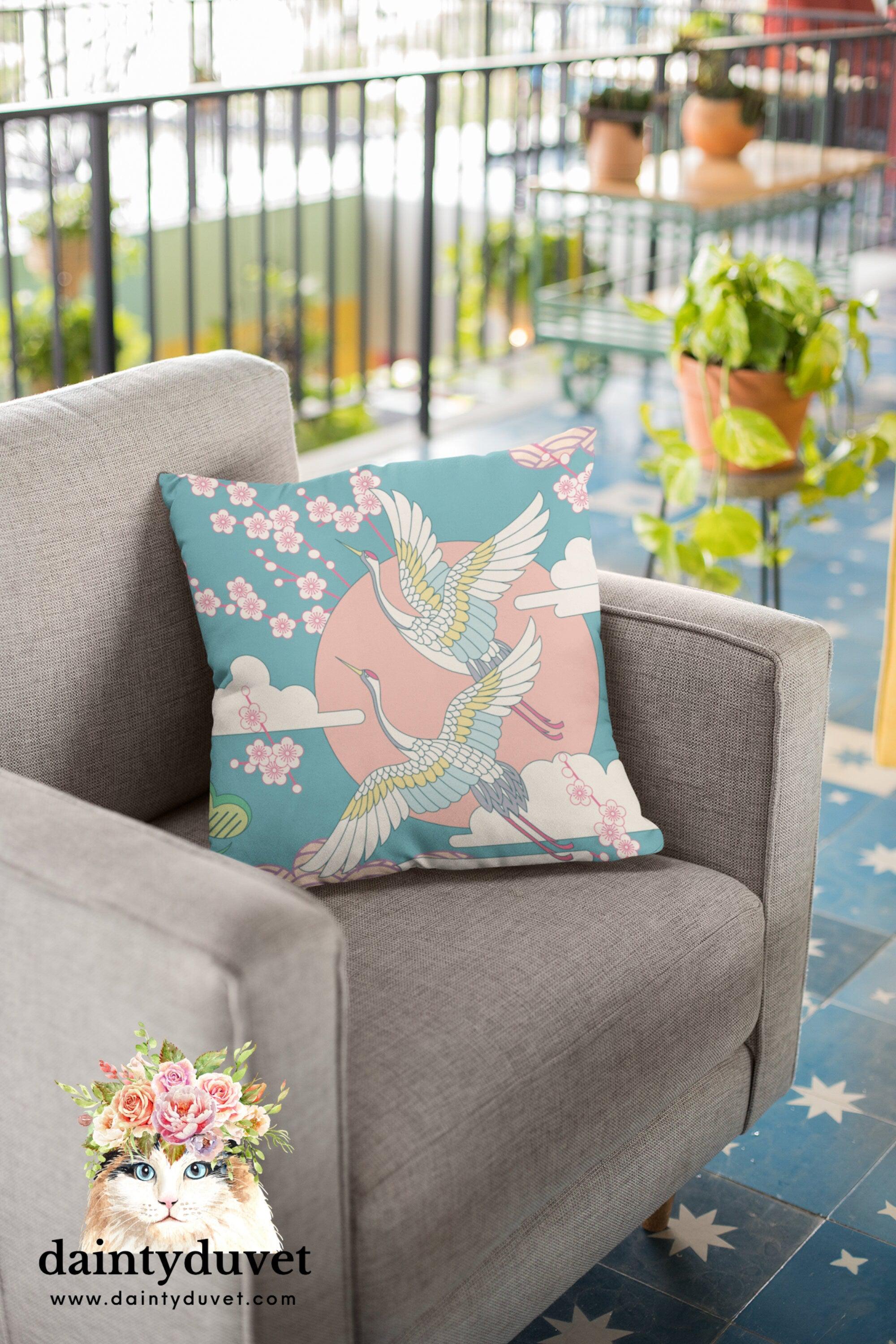 daintyduvet Green Pillowcase with Crane and Cherry Blossoms Prints, Japanese Fabric Chair Cushion Cover, Japanese Decor Square Pillow Cover for Coach