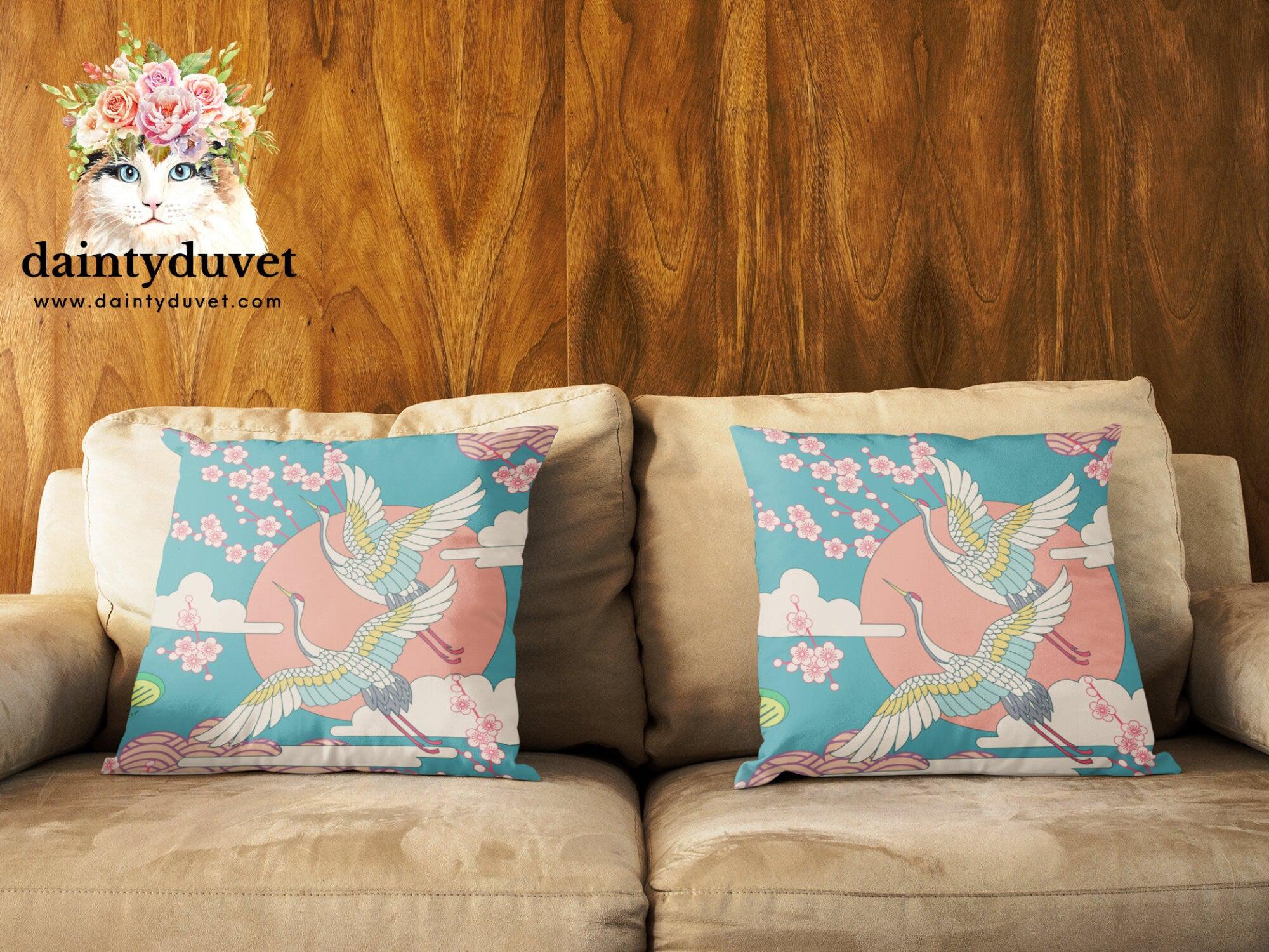 daintyduvet Green Pillowcase with Crane and Cherry Blossoms Prints, Japanese Fabric Chair Cushion Cover, Japanese Decor Square Pillow Cover for Coach