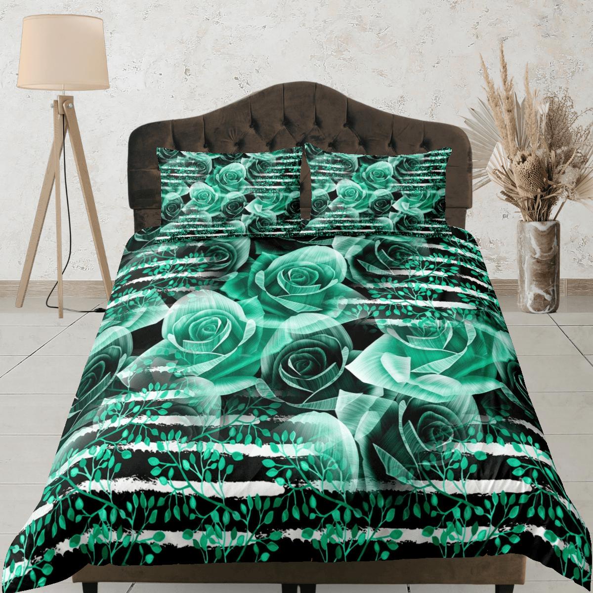 daintyduvet Green roses floral duvet cover colorful bedding, teen girl bedroom, baby girl crib bedding boho maximalist bedspread aesthetic bedding