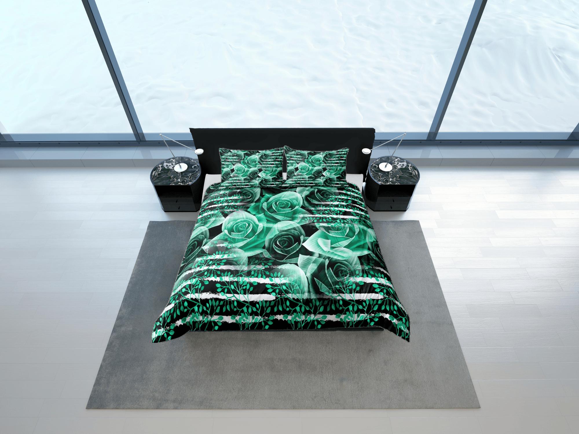 daintyduvet Green roses floral duvet cover colorful bedding, teen girl bedroom, baby girl crib bedding boho maximalist bedspread aesthetic bedding