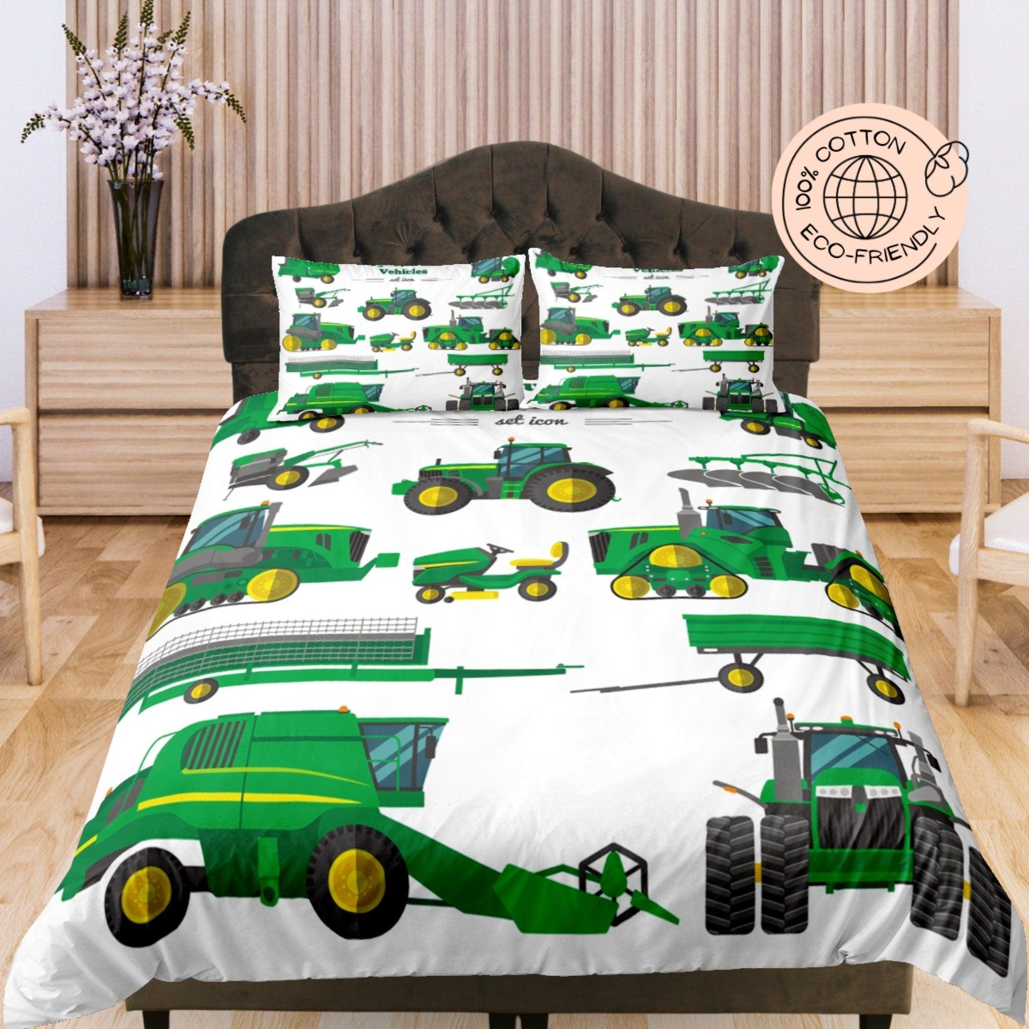 daintyduvet Green Trucks, Construction Work Themed Cotton Duvet Cover Set for Kids, Toddler Bedding, Baby Zipper Bedding, Nursery Bedding, Crib Blanket