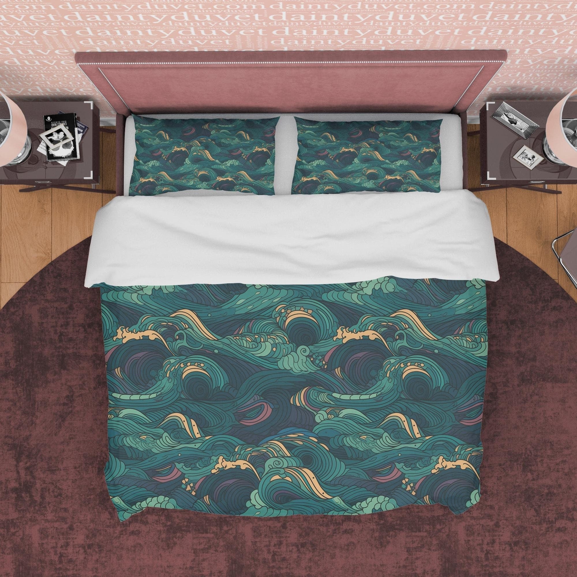 Green Wavy Geometric European Pattern Duvet Cover, Retro Bedspread Vintage Blanket Cover , Emerald Wave Quilt Cover, Zipper Bedding