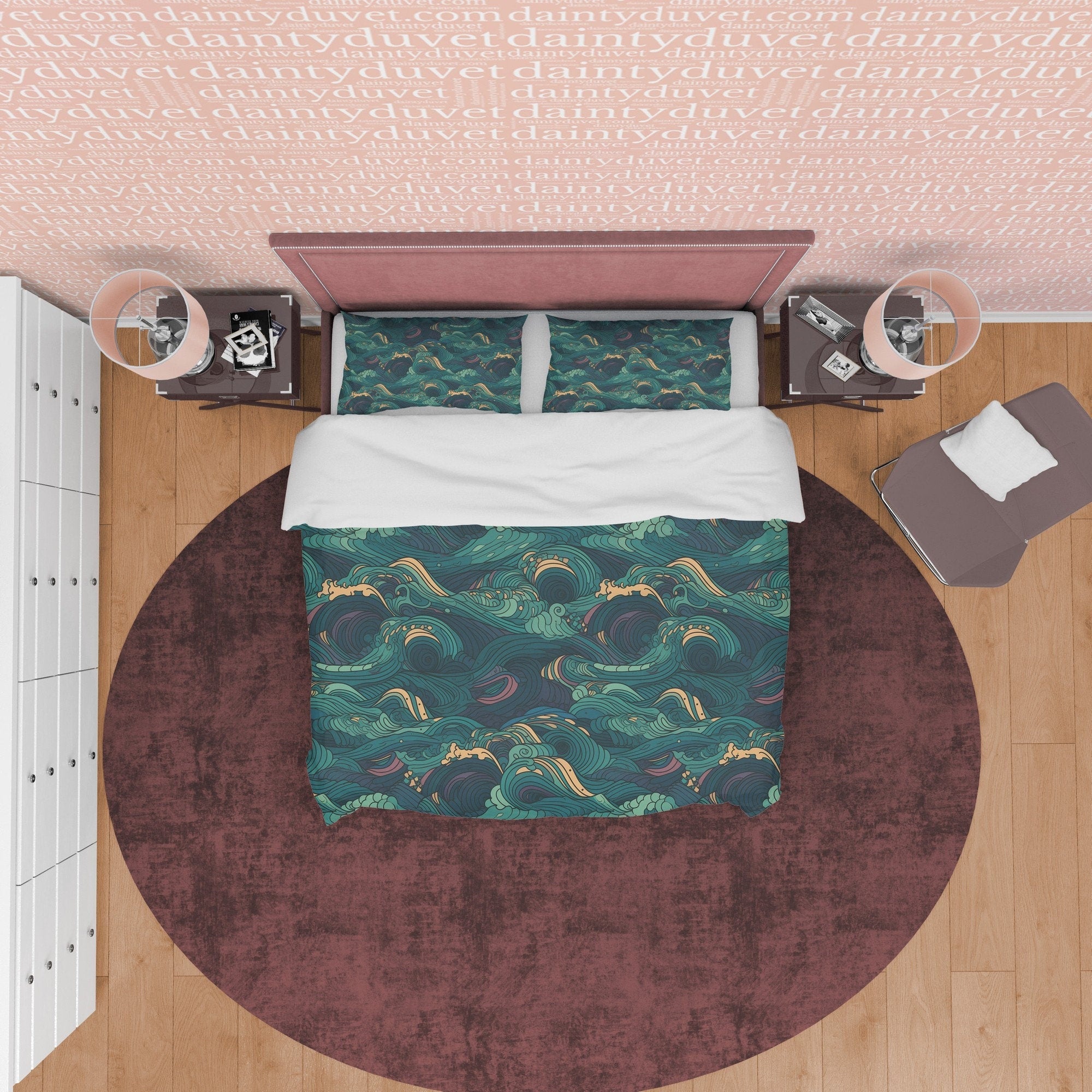 Green Wavy Geometric European Pattern Duvet Cover, Retro Bedspread Vintage Blanket Cover , Emerald Wave Quilt Cover, Zipper Bedding