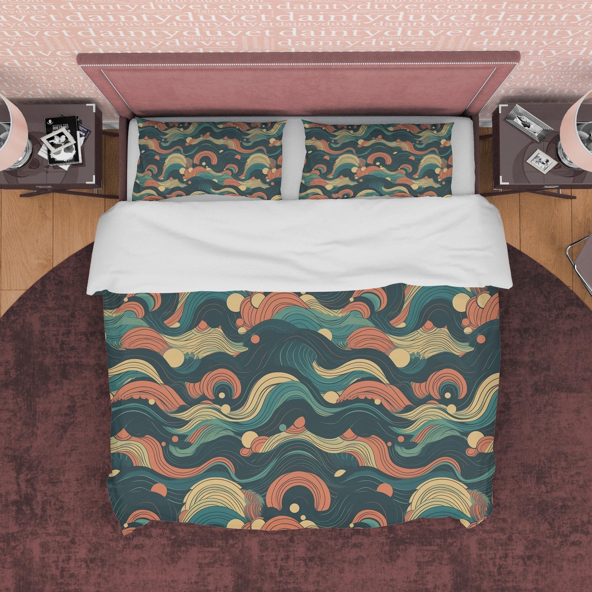 Green Wavy Pattern Retro Bedding Set, Abstract Design Duvet Cover, Boho Quilt Cover, Unique Bedspread, Nostalgic Bed Cover, Zipper Bedding