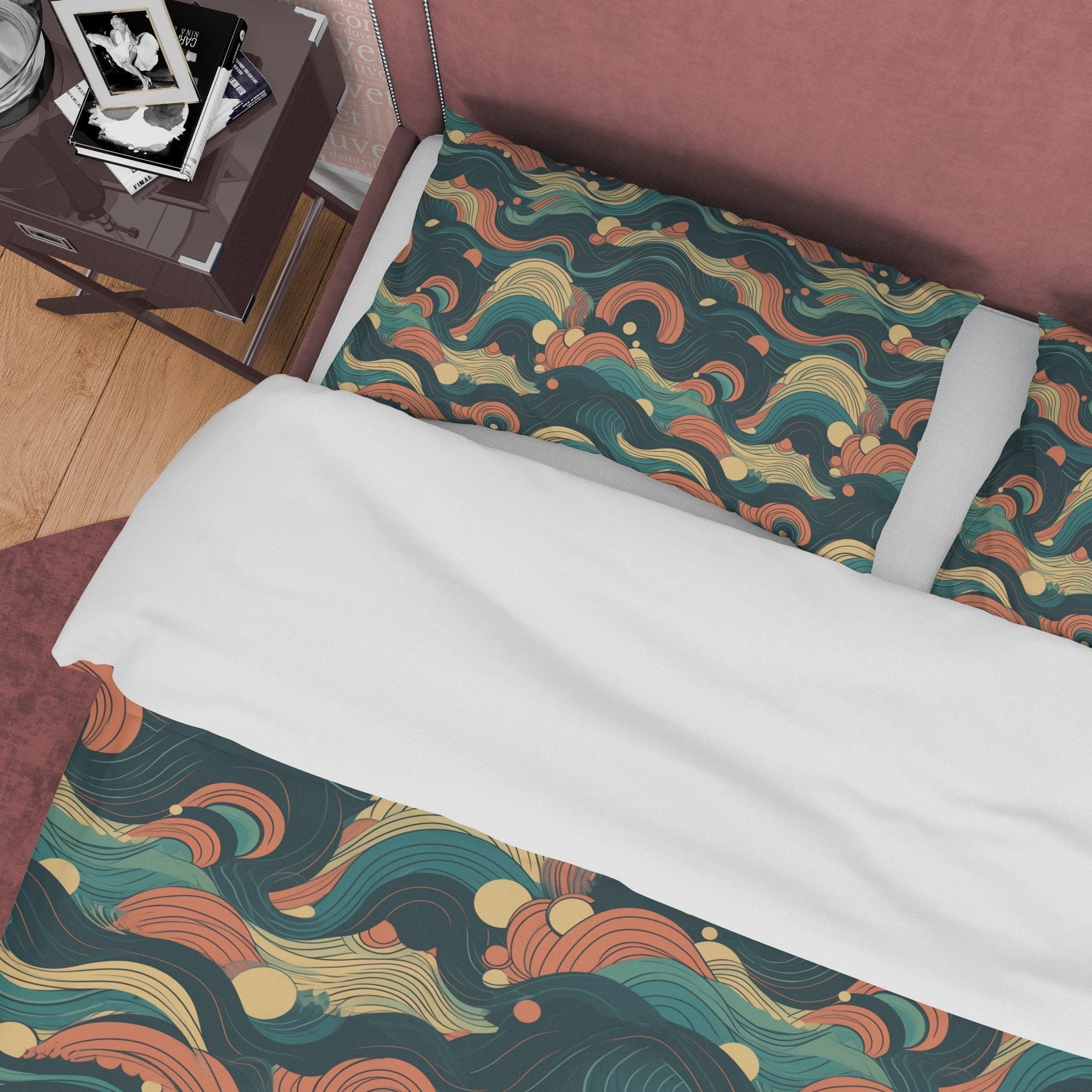 Green Wavy Pattern Retro Bedding Set, Abstract Design Duvet Cover, Boho Quilt Cover, Unique Bedspread, Nostalgic Bed Cover, Zipper Bedding