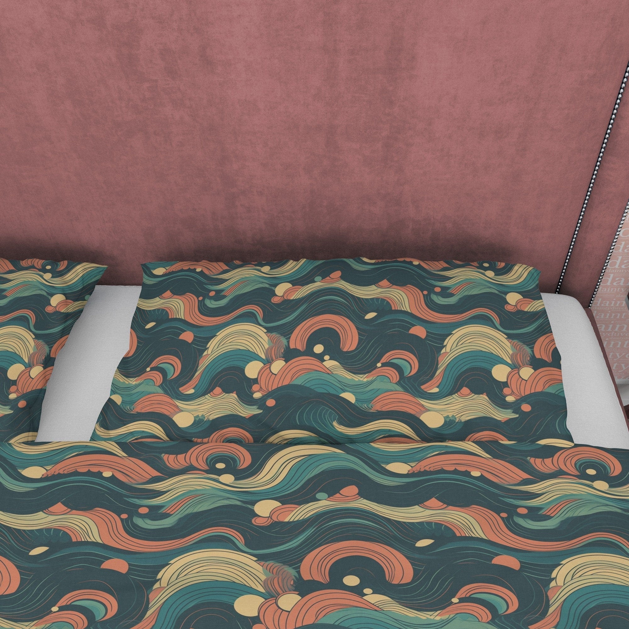 Green Wavy Pattern Retro Bedding Set, Abstract Design Duvet Cover, Boho Quilt Cover, Unique Bedspread, Nostalgic Bed Cover, Zipper Bedding