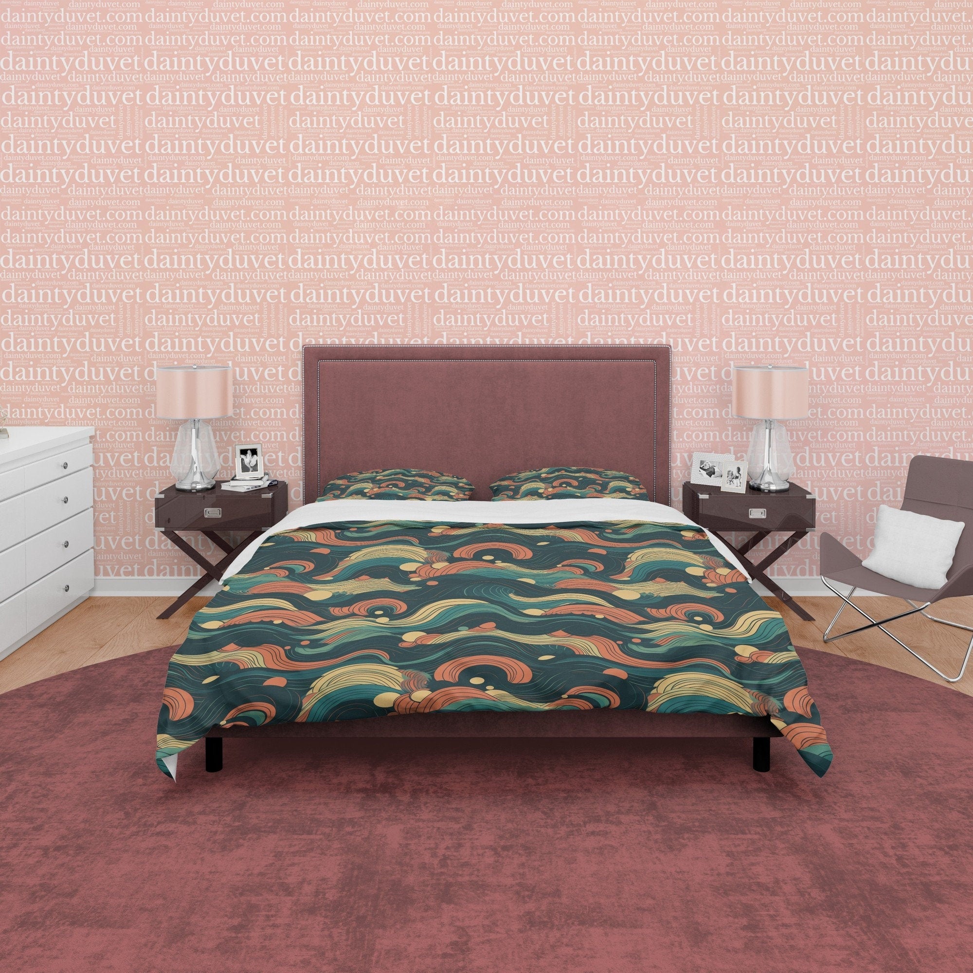 Green Wavy Pattern Retro Bedding Set, Abstract Design Duvet Cover, Boho Quilt Cover, Unique Bedspread, Nostalgic Bed Cover, Zipper Bedding