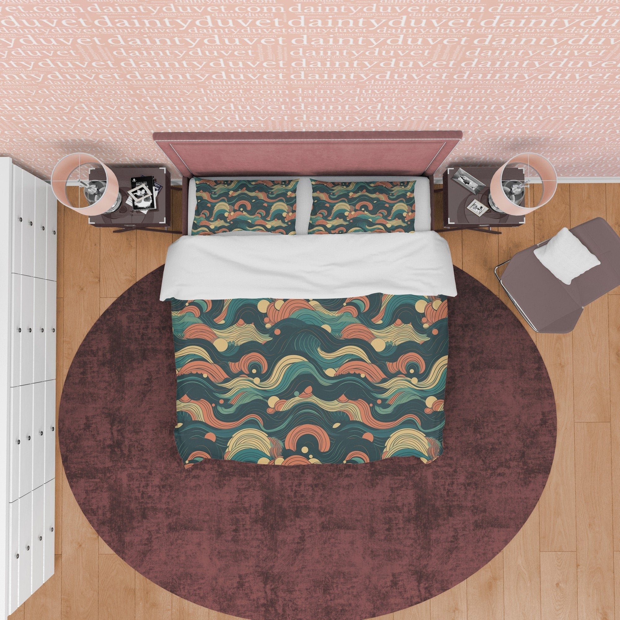 Green Wavy Pattern Retro Bedding Set, Abstract Design Duvet Cover, Boho Quilt Cover, Unique Bedspread, Nostalgic Bed Cover, Zipper Bedding