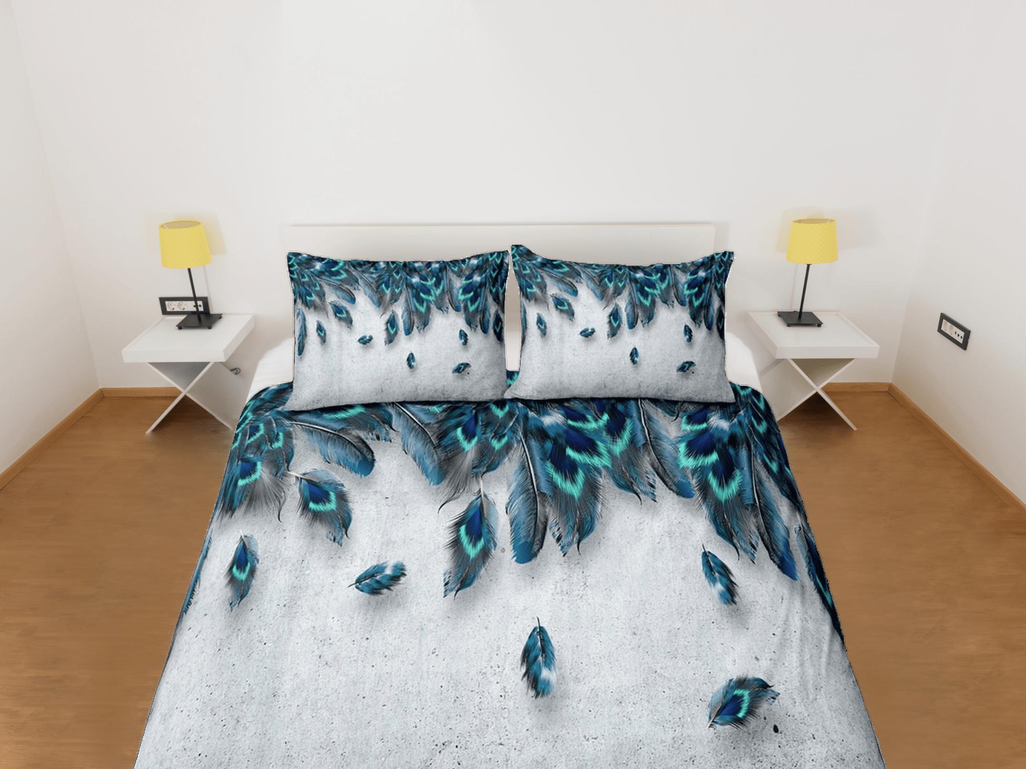 daintyduvet Grey duvet cover with peacock feather aesthetic bedding set full, luxury duvet queen, king, boho duvet, designer bedding, maximalist decor