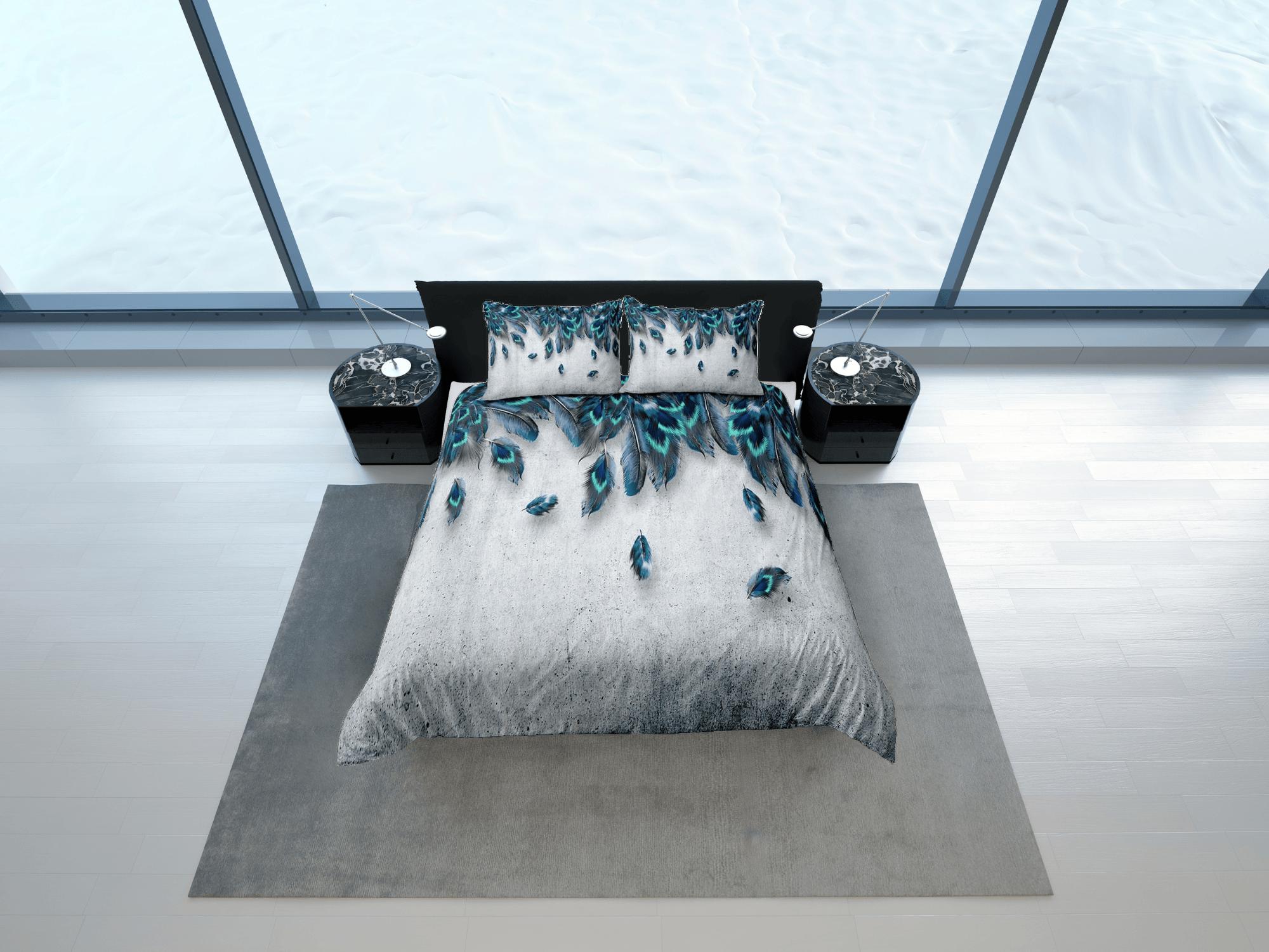 daintyduvet Grey duvet cover with peacock feather aesthetic bedding set full, luxury duvet queen, king, boho duvet, designer bedding, maximalist decor