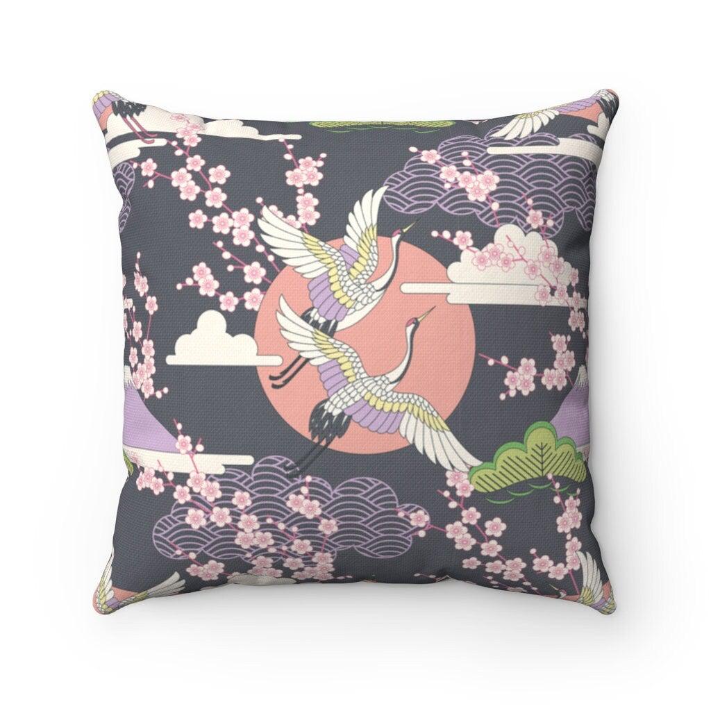 daintyduvet Grey Oriental Pillowcase with Crane and Cherry Blossoms Prints, Japanese Fabric Chair Cushion Cover, Japanese Decor Square Pillow Cover