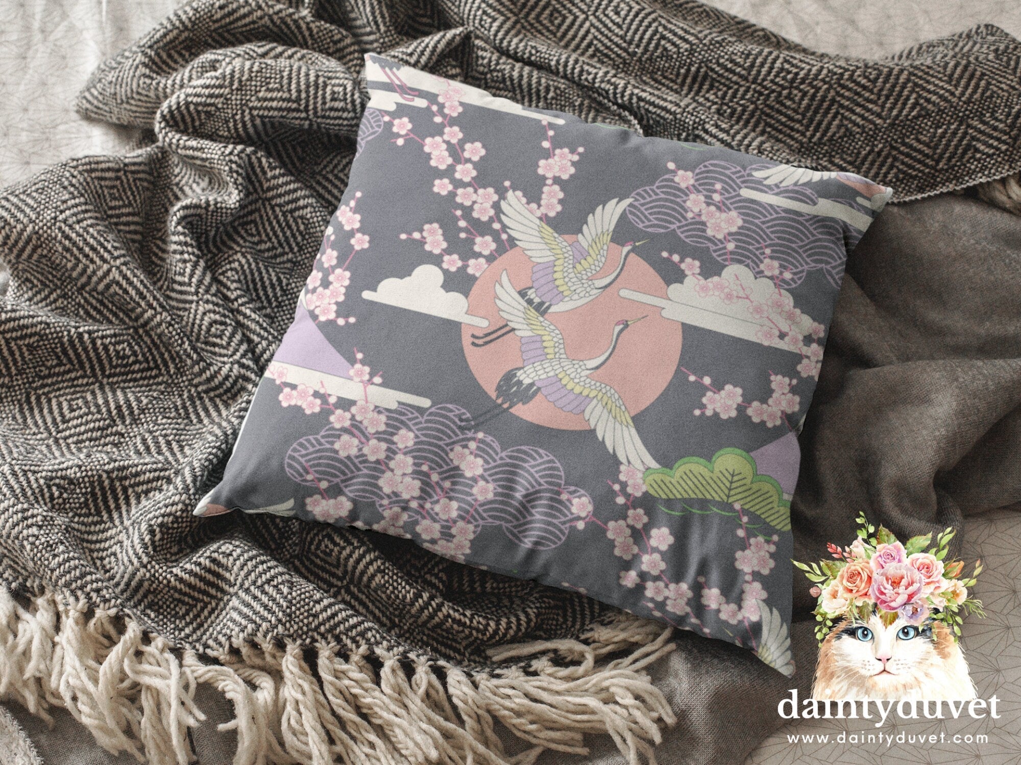 daintyduvet Grey Oriental Pillowcase with Crane and Cherry Blossoms Prints, Japanese Fabric Chair Cushion Cover, Japanese Decor Square Pillow Cover