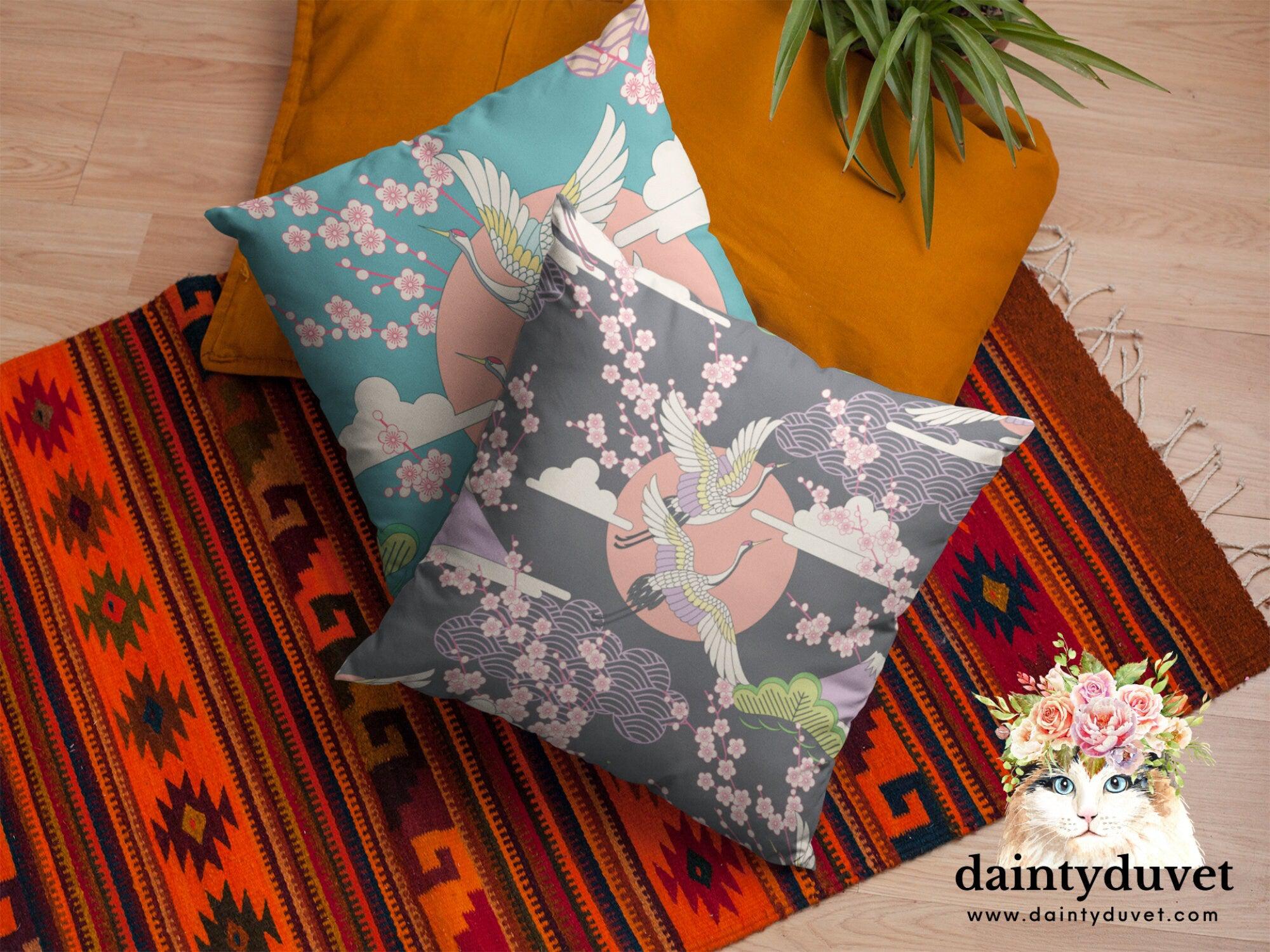 daintyduvet Grey Oriental Pillowcase with Crane and Cherry Blossoms Prints, Japanese Fabric Chair Cushion Cover, Japanese Decor Square Pillow Cover