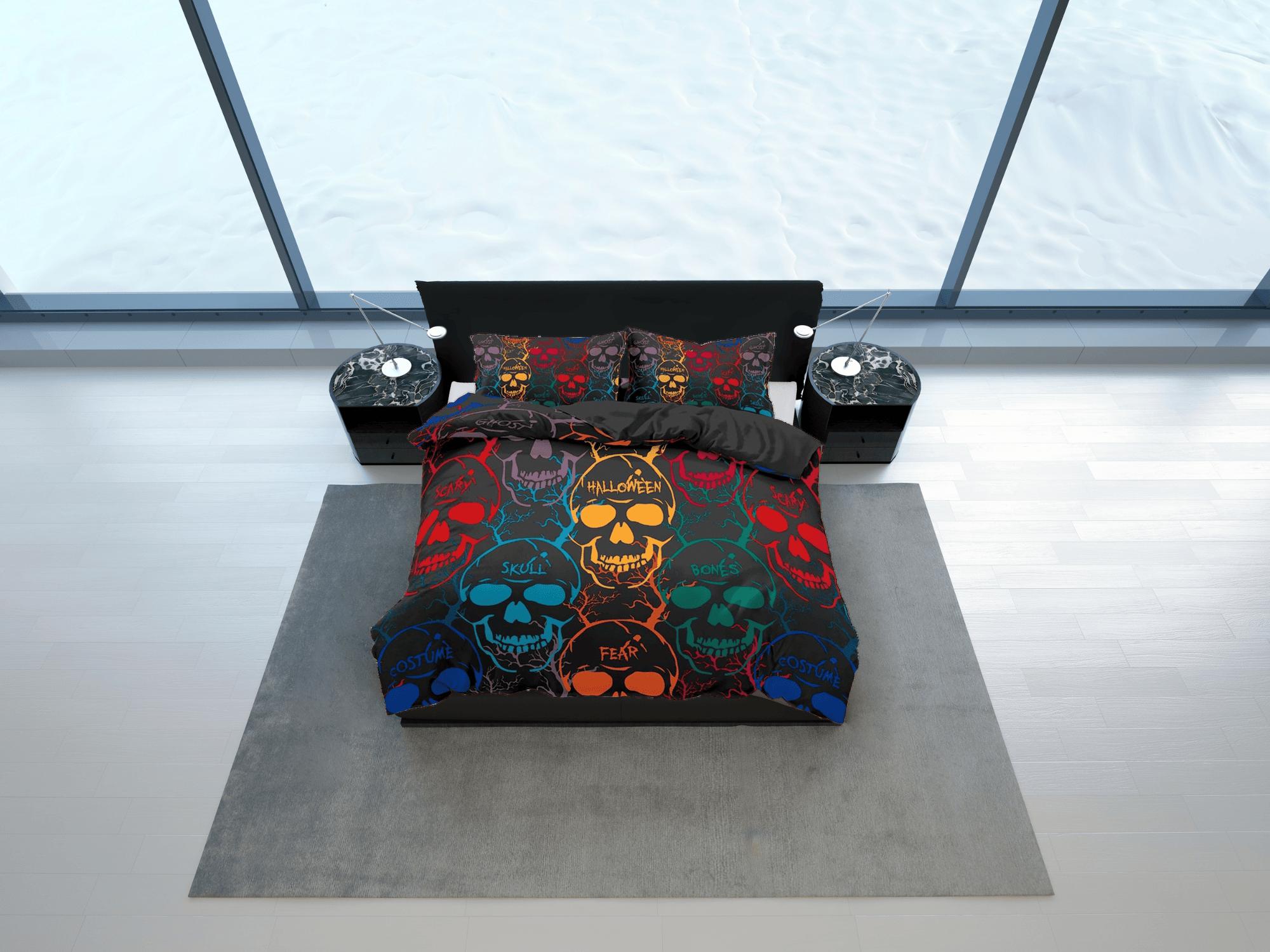 daintyduvet Halloween Bedding Colorful Skulls Black Duvet Cover Set Bedspread, Dorm Bedding with Pillowcase, Halloween Gift Teens Kids Adults