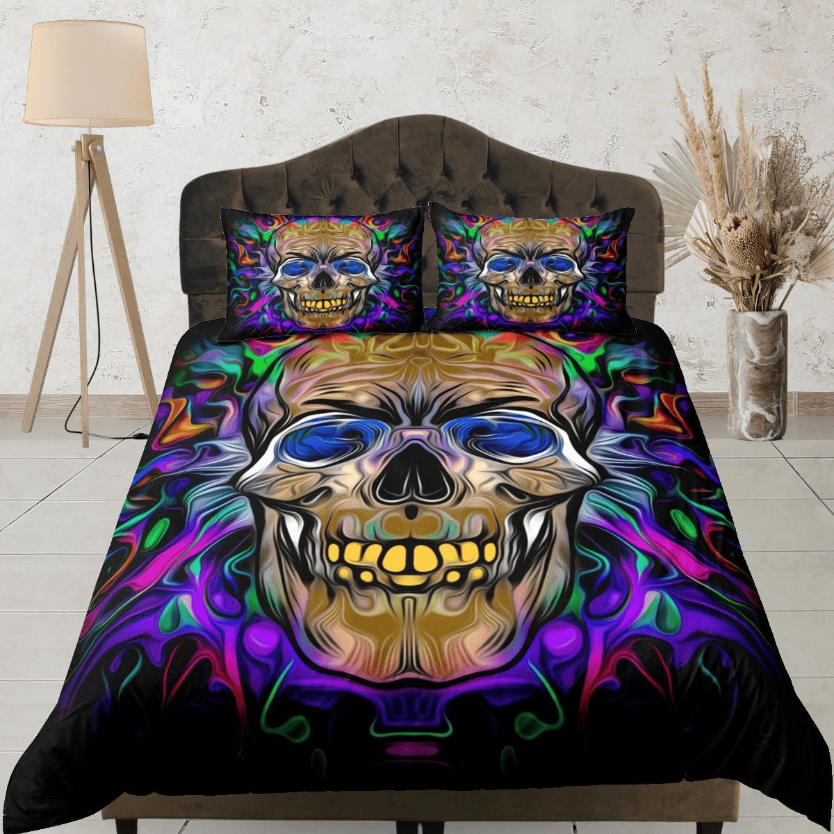daintyduvet Halloween Bedding Hippie Neon Colors Skull Duvet Cover Set Colorful Bedspread, Dorm Bedding Pillowcase, Halloween Gift Teens Kids Adults