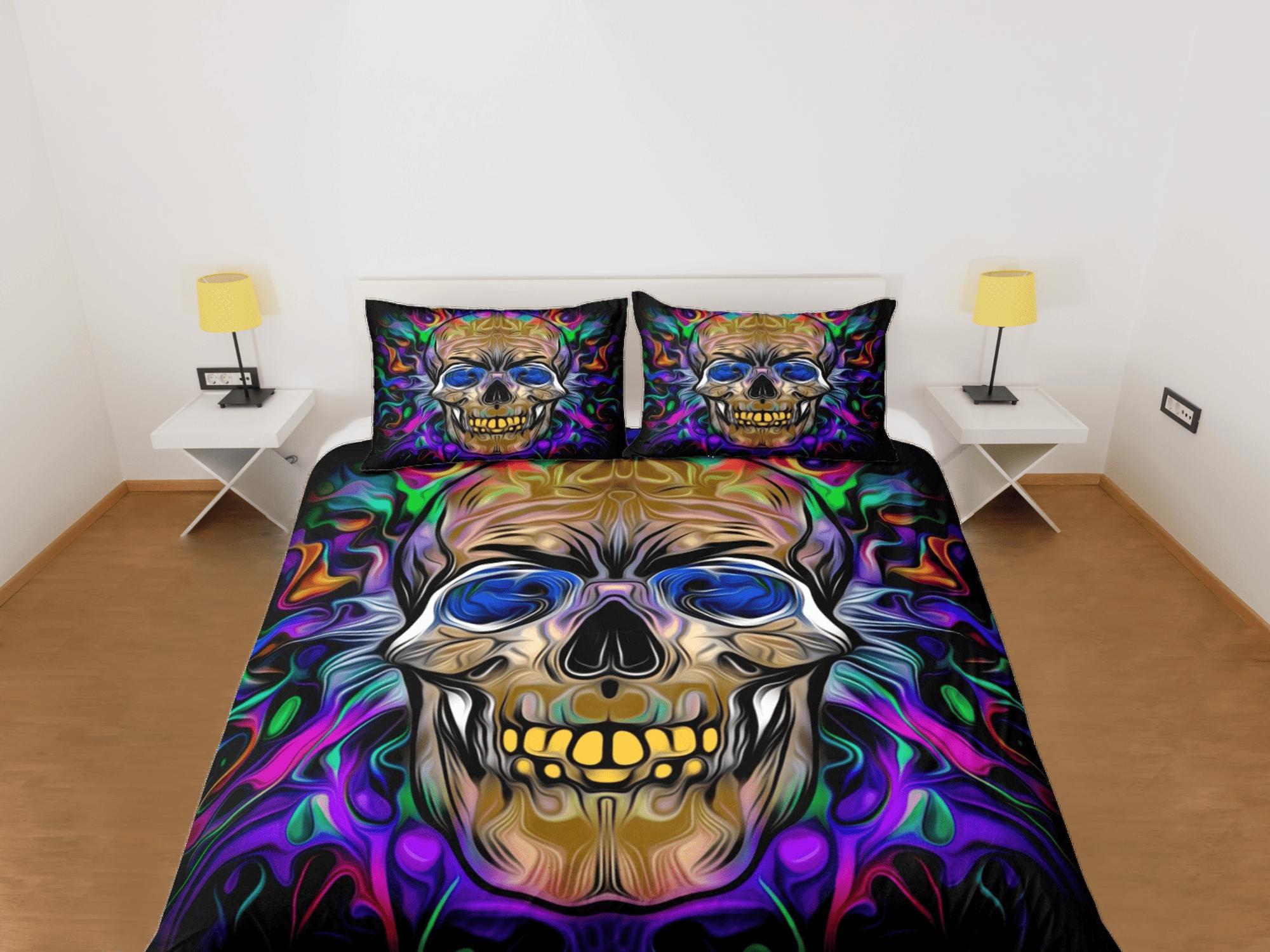 daintyduvet Halloween Bedding Hippie Neon Colors Skull Duvet Cover Set Colorful Bedspread, Dorm Bedding Pillowcase, Halloween Gift Teens Kids Adults