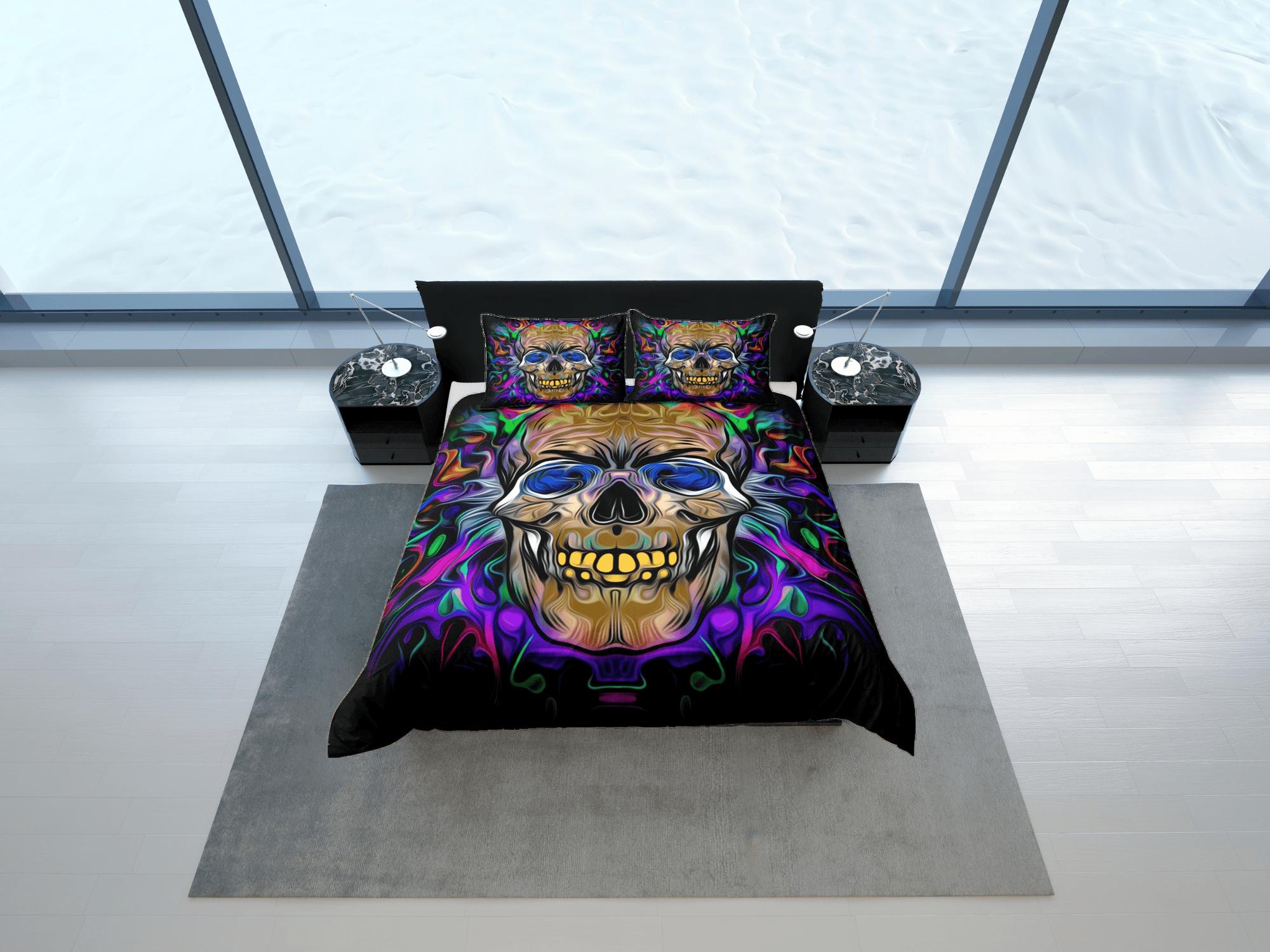 daintyduvet Halloween Bedding Hippie Neon Colors Skull Duvet Cover Set Colorful Bedspread, Dorm Bedding Pillowcase, Halloween Gift Teens Kids Adults