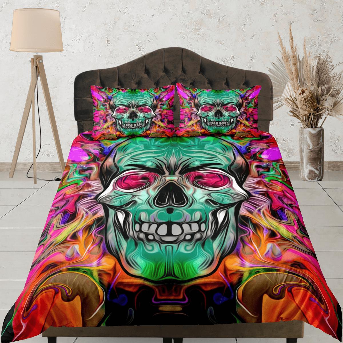 daintyduvet Halloween Bedding Hippie Neon Skull Colorful Duvet Cover Set Colorful Skull Bedspread, Dorm Bedding Pillowcase, Halloween Gift