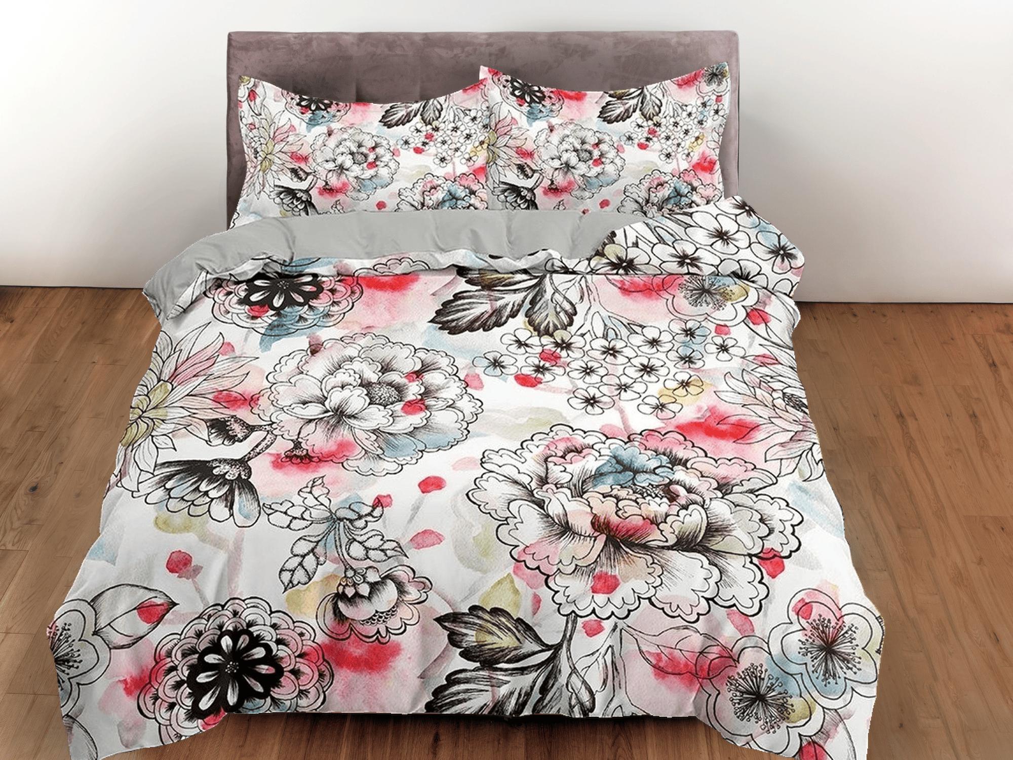 daintyduvet Hand drawn biophilic bedding, floral printed duvet cover queen, king, boho duvet, designer bedding, aesthetic bedding, maximalist decor