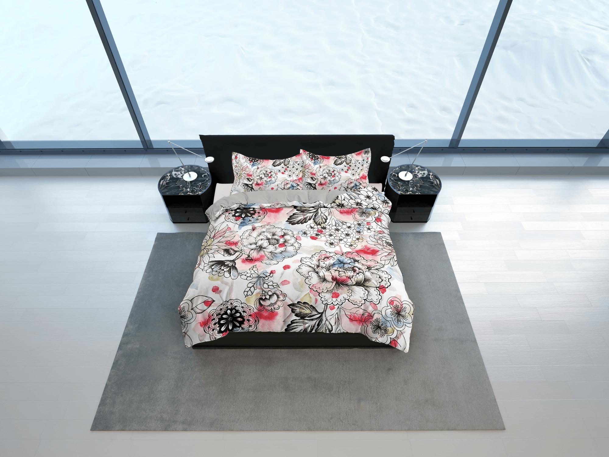 daintyduvet Hand drawn biophilic bedding, floral printed duvet cover queen, king, boho duvet, designer bedding, aesthetic bedding, maximalist decor