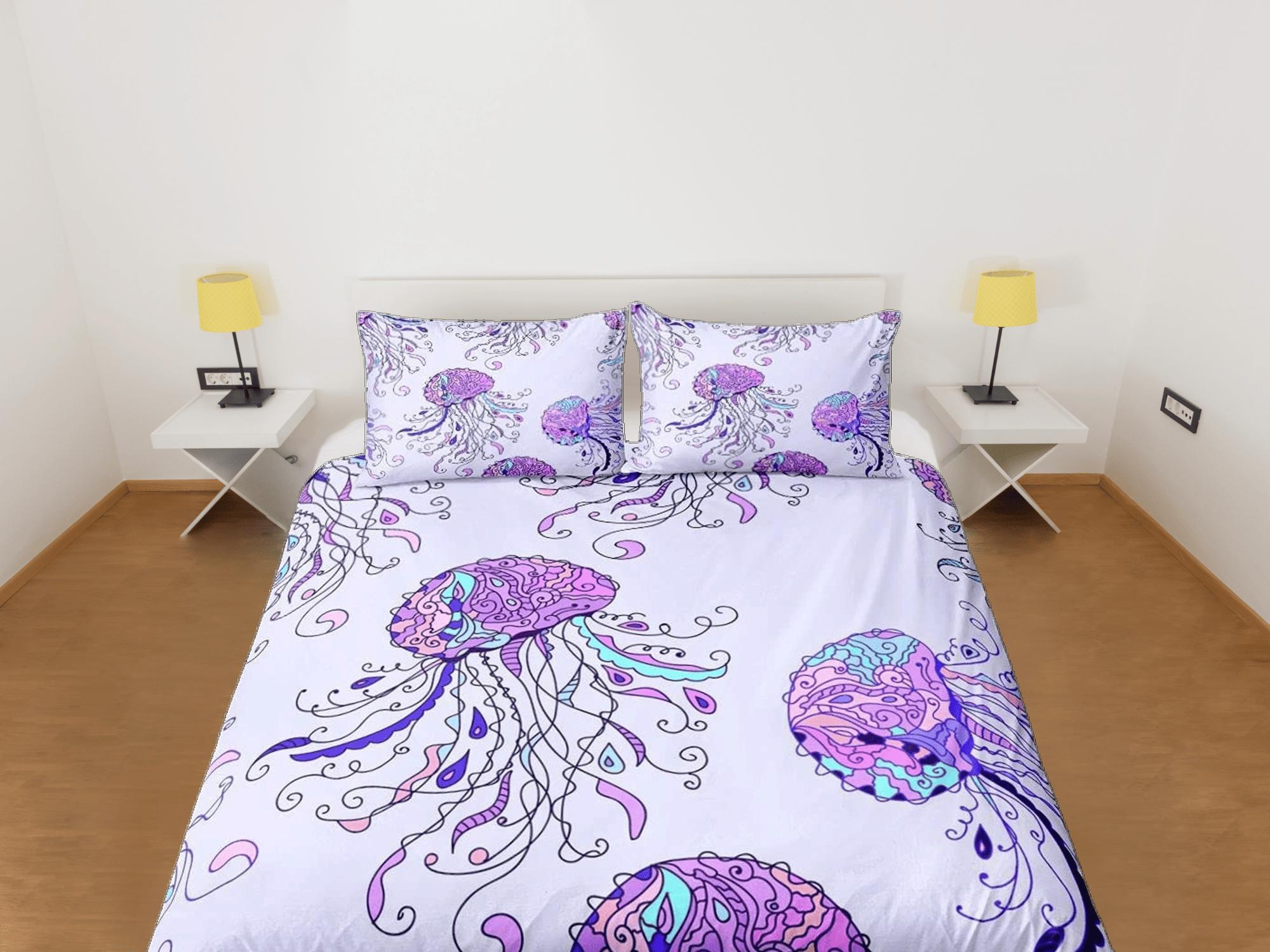 daintyduvet Hand drawn jellyfish bedding lavender purple duvet cover, ocean blush sea animal bedding set full king queen twin crib toddler, dorm bedding