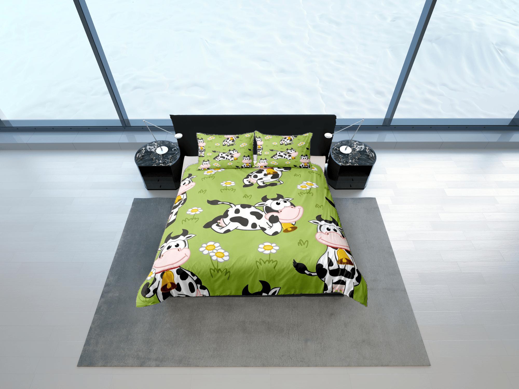 daintyduvet Happy Cow Green Duvet Cover Set Colorful Bedspread, Kids Full Bedding Set with Pillowcase, Comforter Cover Twin