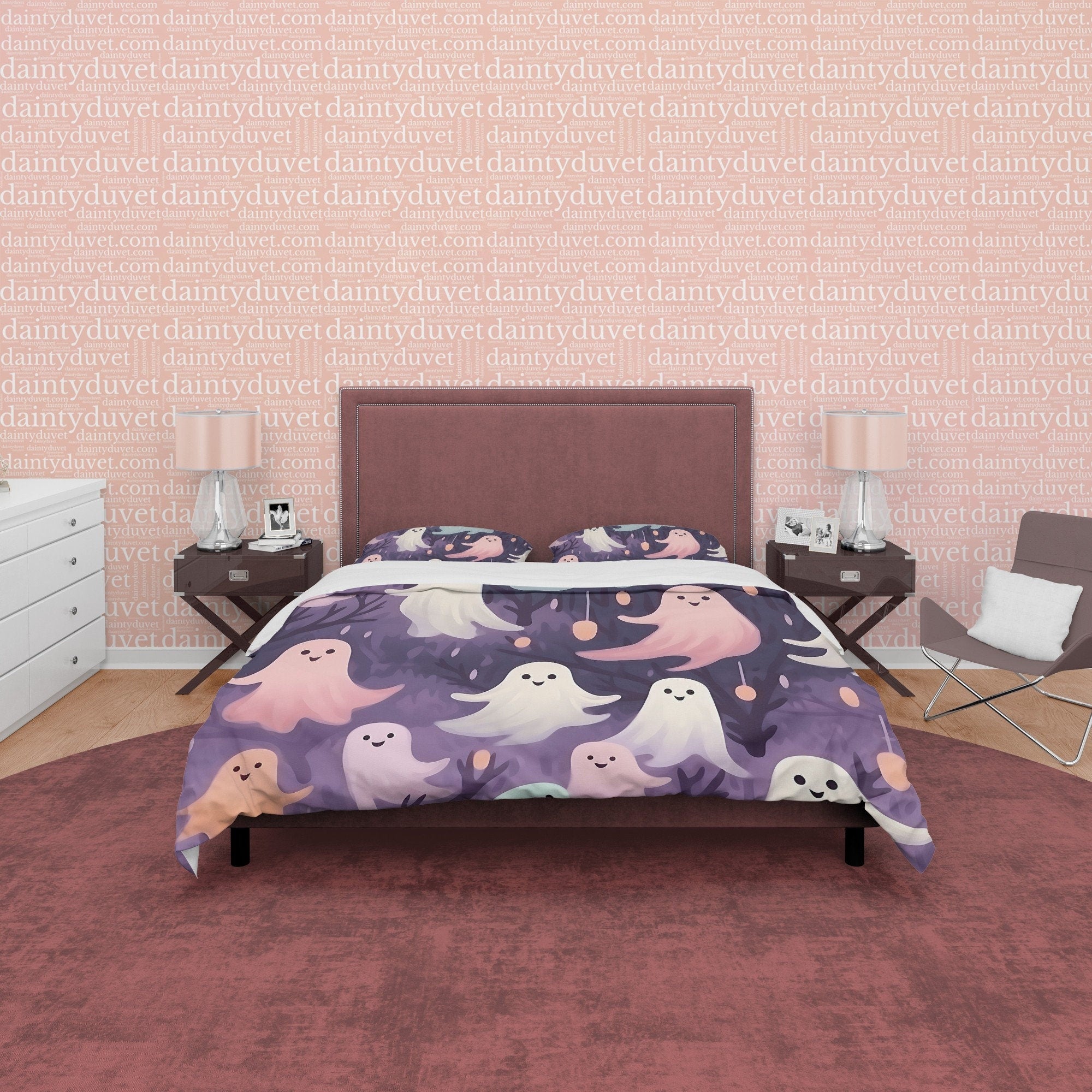 Happy Cute Ghosts, Duvet Cover Set, Aesthetic Zipper Bedding, Spooky Room Decor for Halloween, US, UK, European, Australian Bed Size