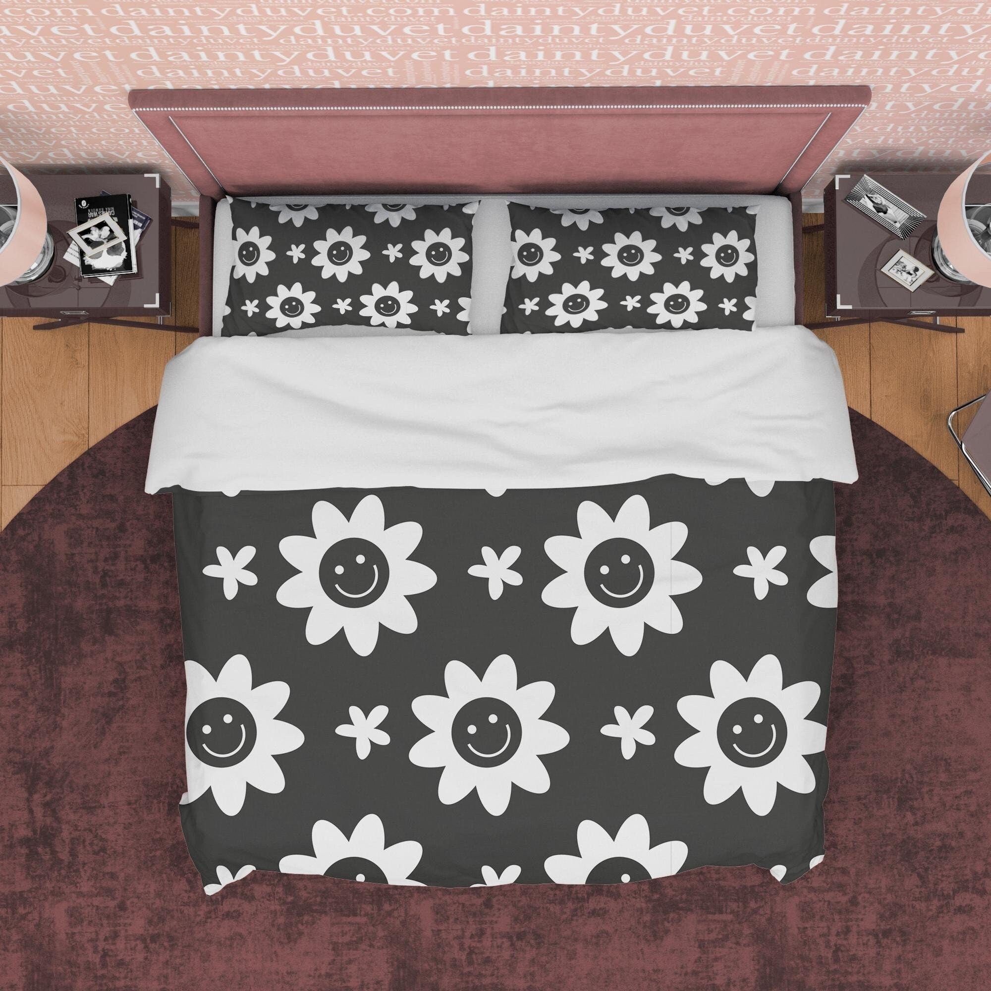 Happy Flower Black and White Duvet Cover Set, Smile Emoji Bed set, Floral Blanket Cover Retro Printed Bedding Set, 90s Nostalgia Quilt Cover