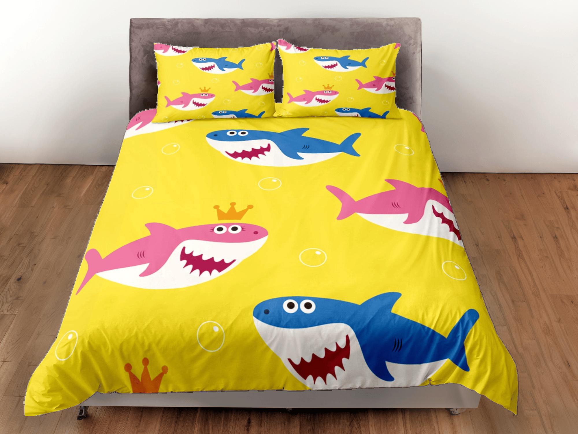 daintyduvet Happy Sharks Yellow Duvet Cover Set Colorful Bedspread, Kids Full Bedding Set with Pillowcase, Comforter Cover Twin