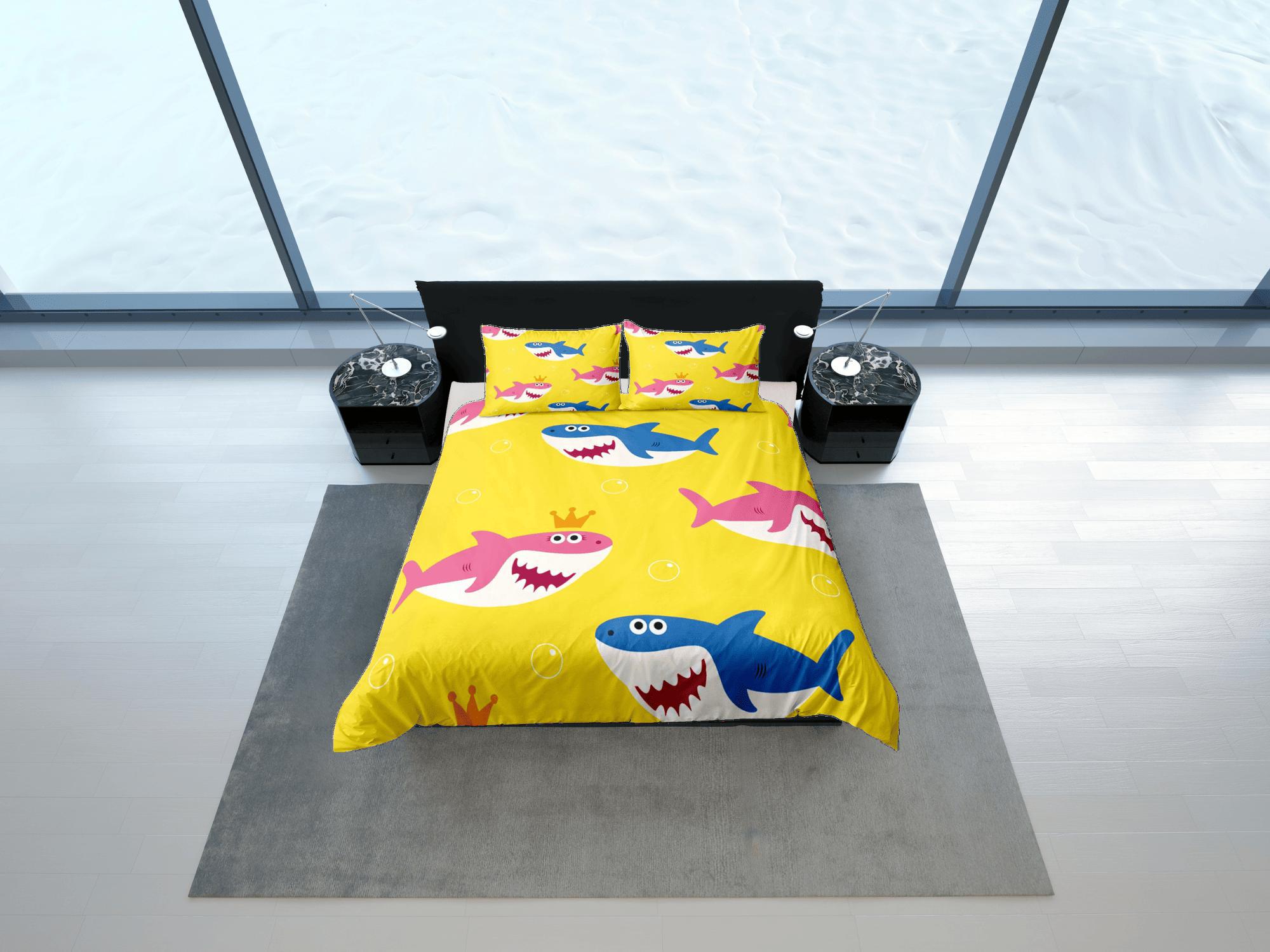 daintyduvet Happy Sharks Yellow Duvet Cover Set Colorful Bedspread, Kids Full Bedding Set with Pillowcase, Comforter Cover Twin